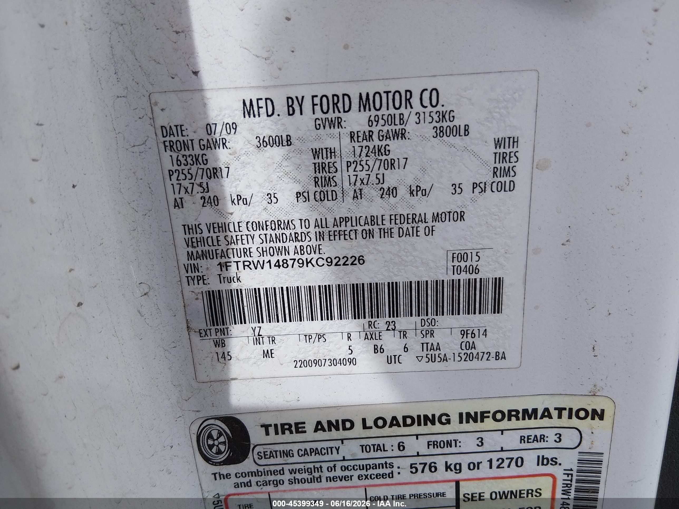 2009 Ford F-150 Xl/xlt Белый vin: 1FTRW14879KC92226