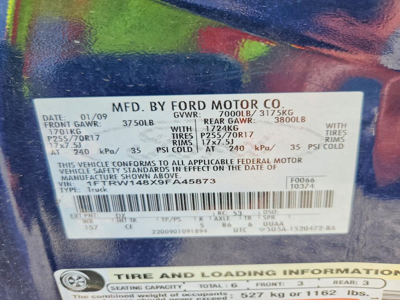 2009 Ford F150 Supercrew Blue vin: 1FTRW148X9FA45873