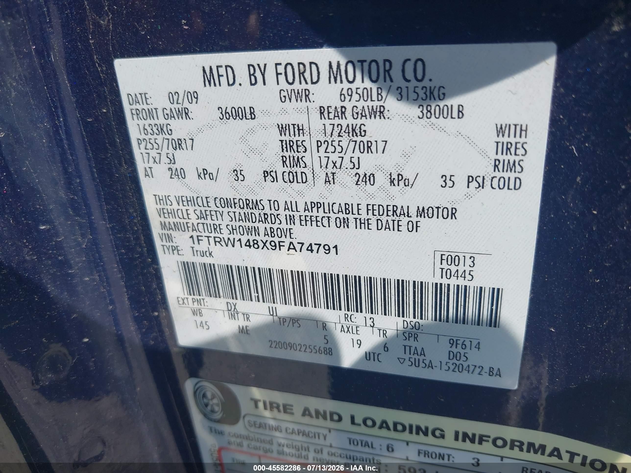 2009 Ford F-150 Xl/xlt Blue vin: 1FTRW148X9FA74791
