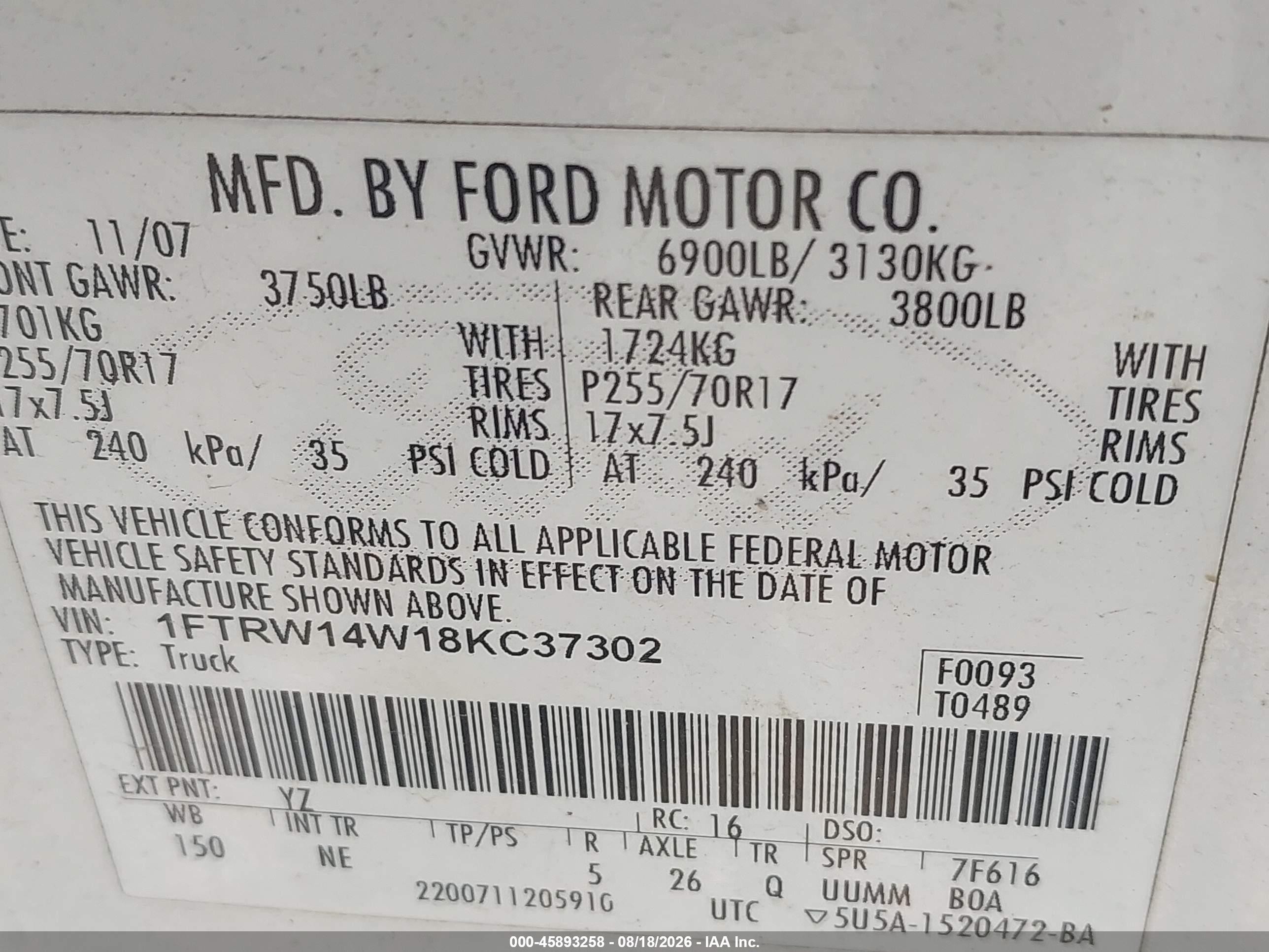 2008 Ford F-150 60th Anniversary/xl/xlt White vin: 1FTRW14W18KC37302