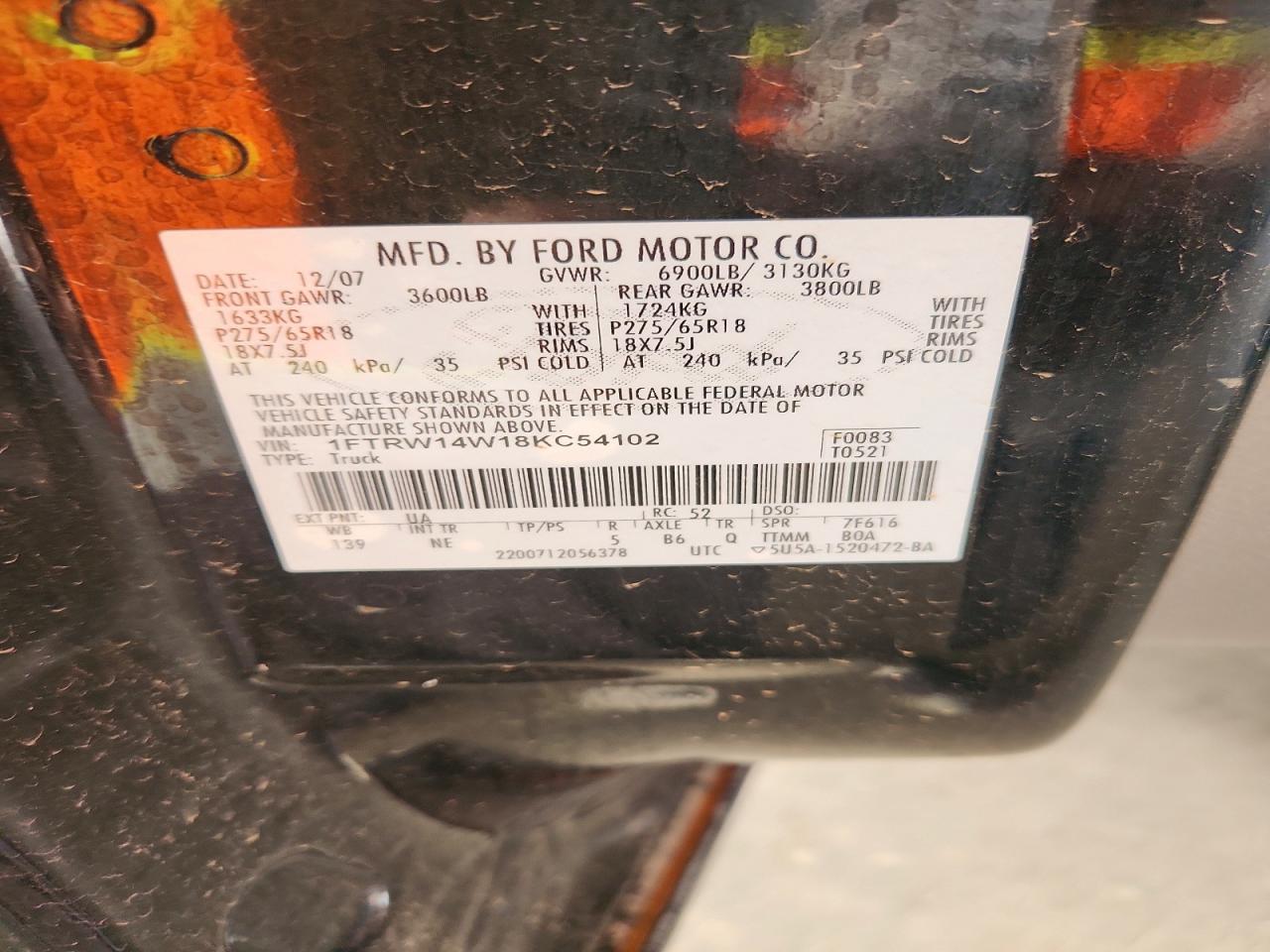 2008 Ford F150 Supercrew Black vin: 1FTRW14W18KC54102