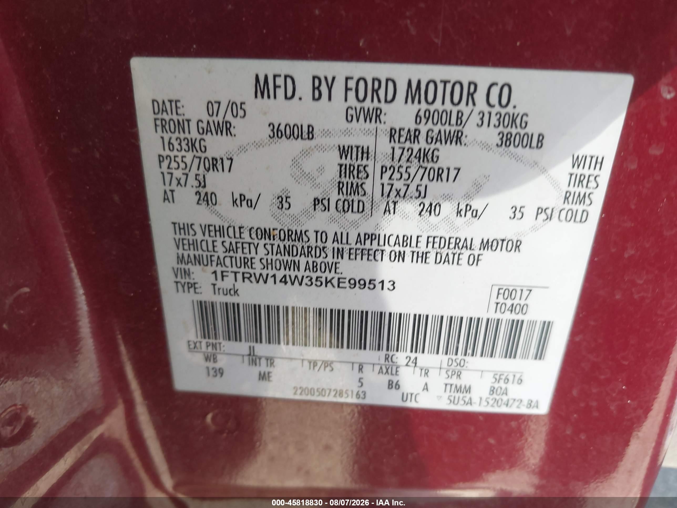 2005 Ford F-150 Xlt Red vin: 1FTRW14W35KE99513