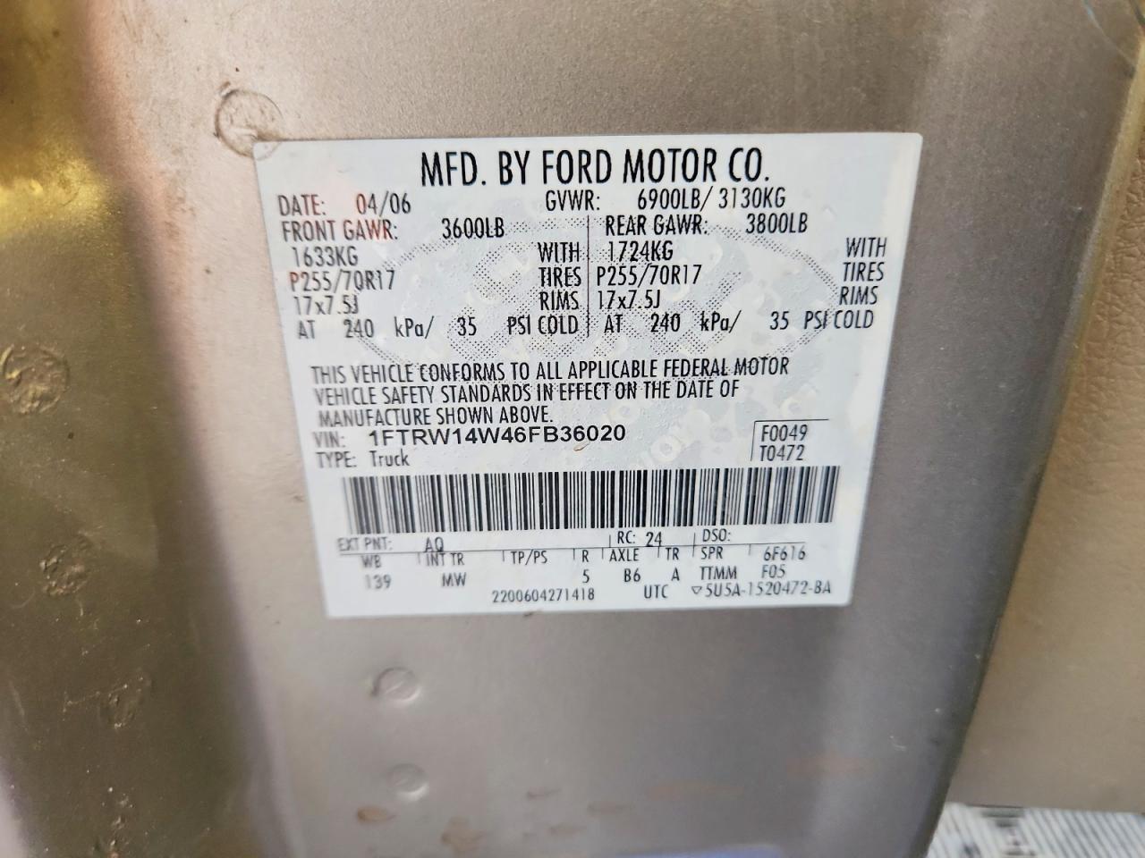 2006 Ford F150 Supercrew Tan vin: 1FTRW14W46FB36020