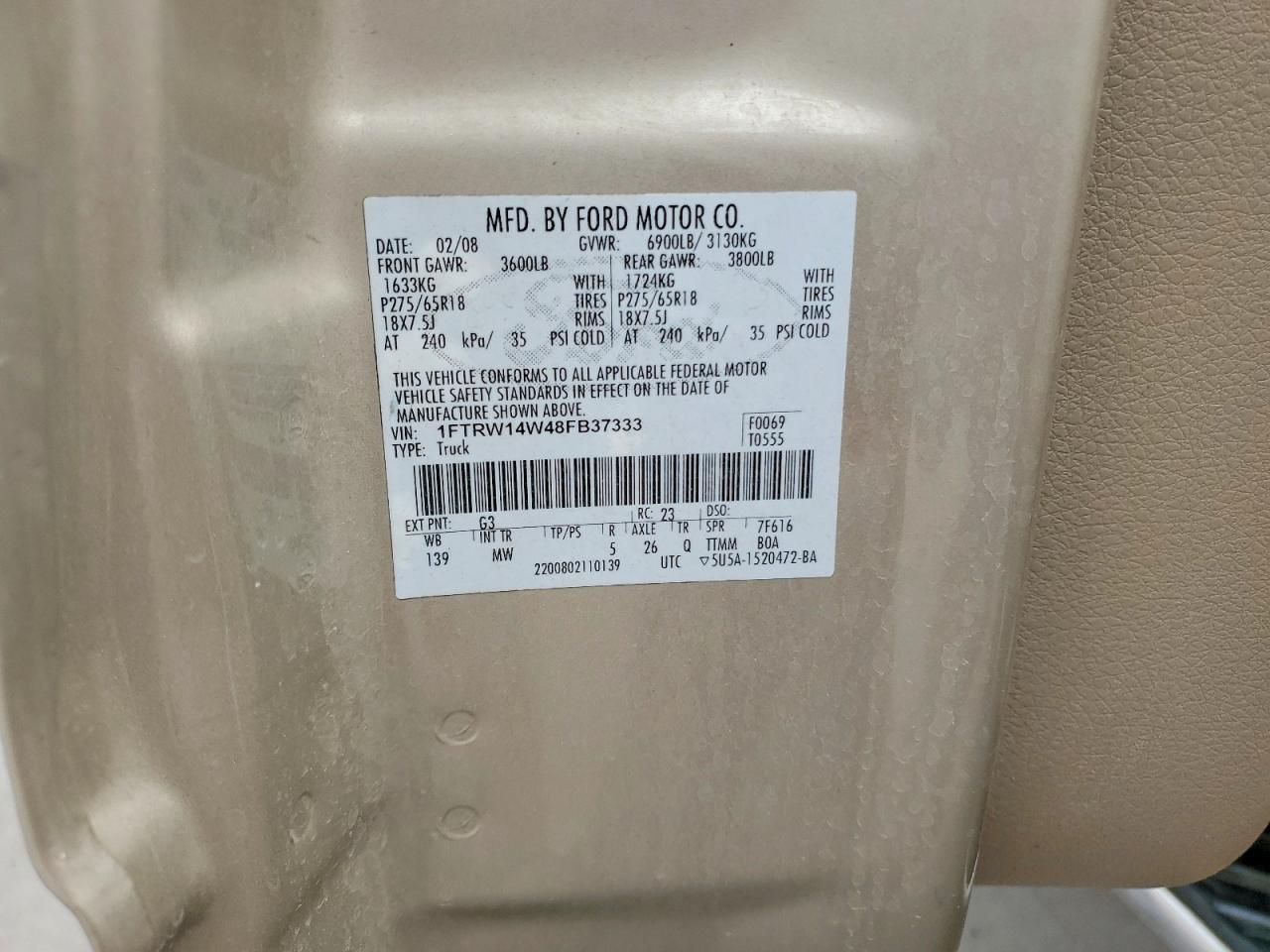 2008 Ford F150 Supercrew Tan vin: 1FTRW14W48FB37333