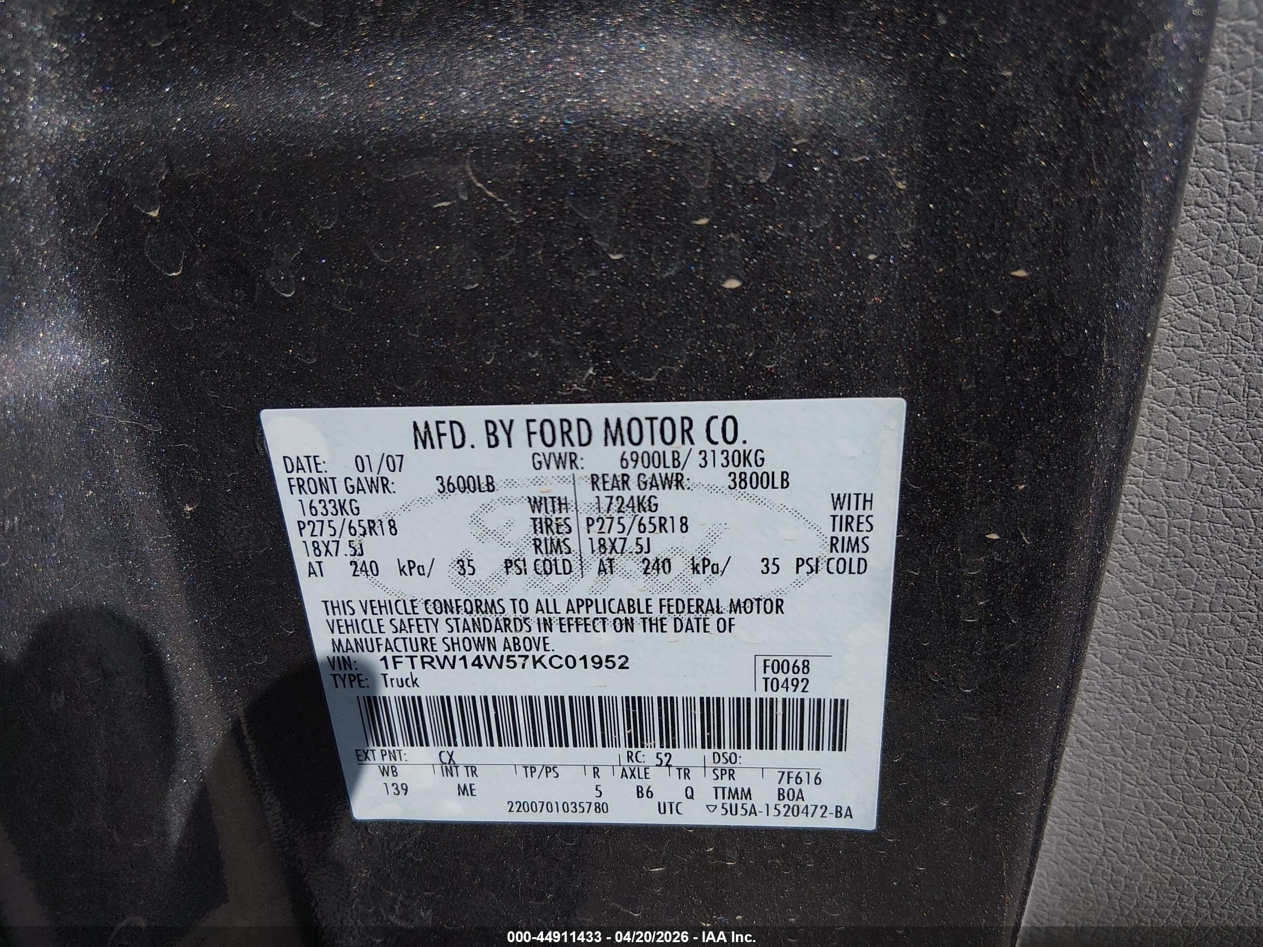 2007 Ford F-150 Xlt Gray vin: 1FTRW14W57KC01952