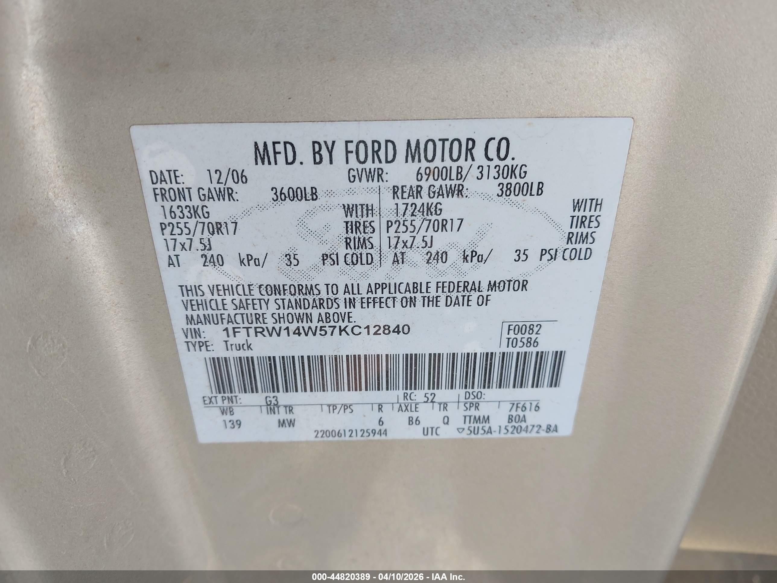 2007 Ford F-150 Xlt Beige vin: 1FTRW14W57KC12840