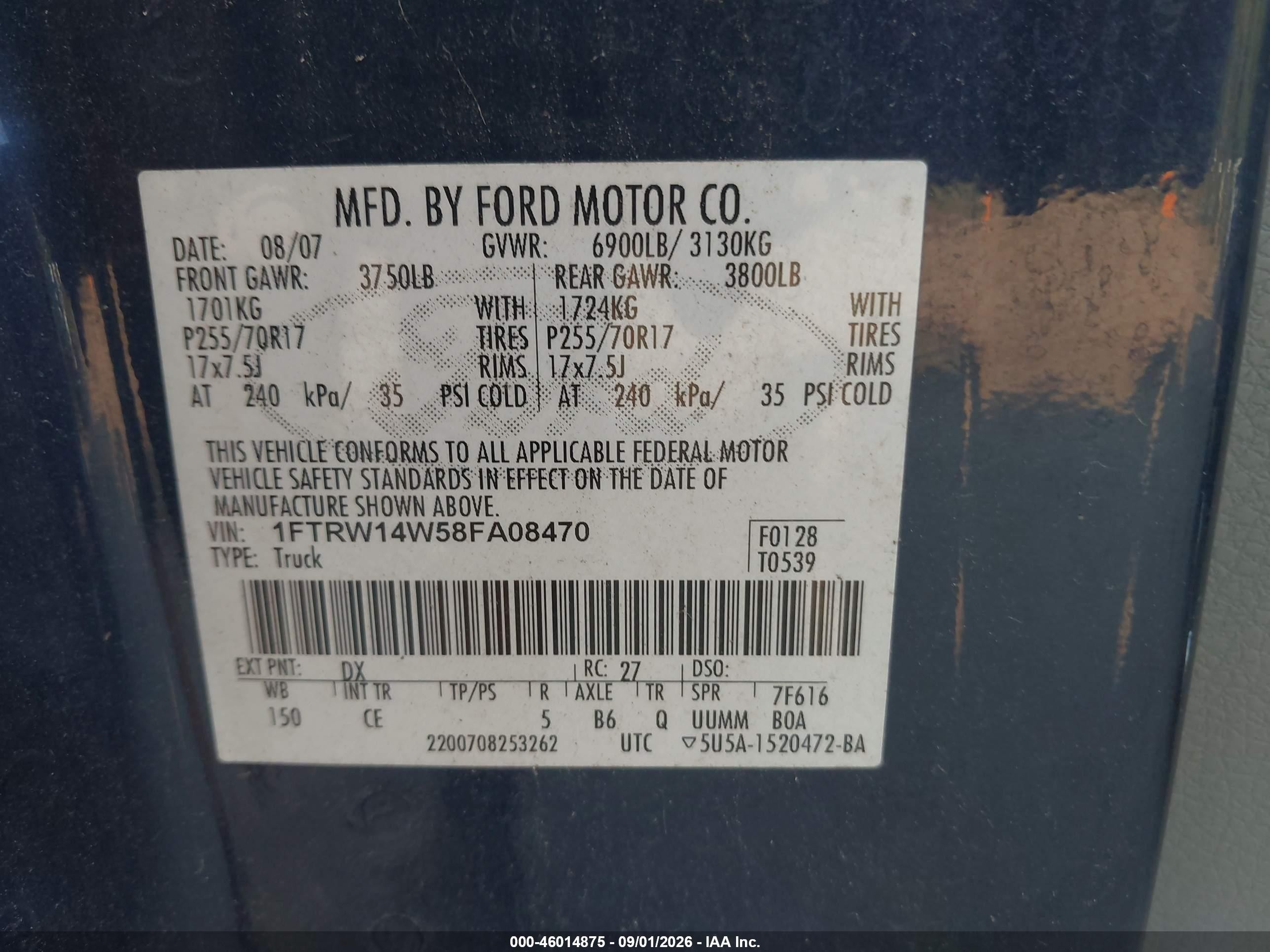 2008 Ford F-150 60th Anniversary/xl/xlt Dark Blue vin: 1FTRW14W58FA08470