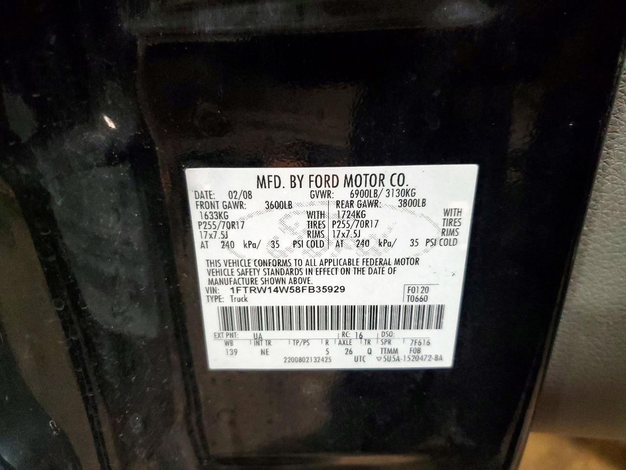 2008 Ford F150 Supercrew Black vin: 1FTRW14W58FB35929