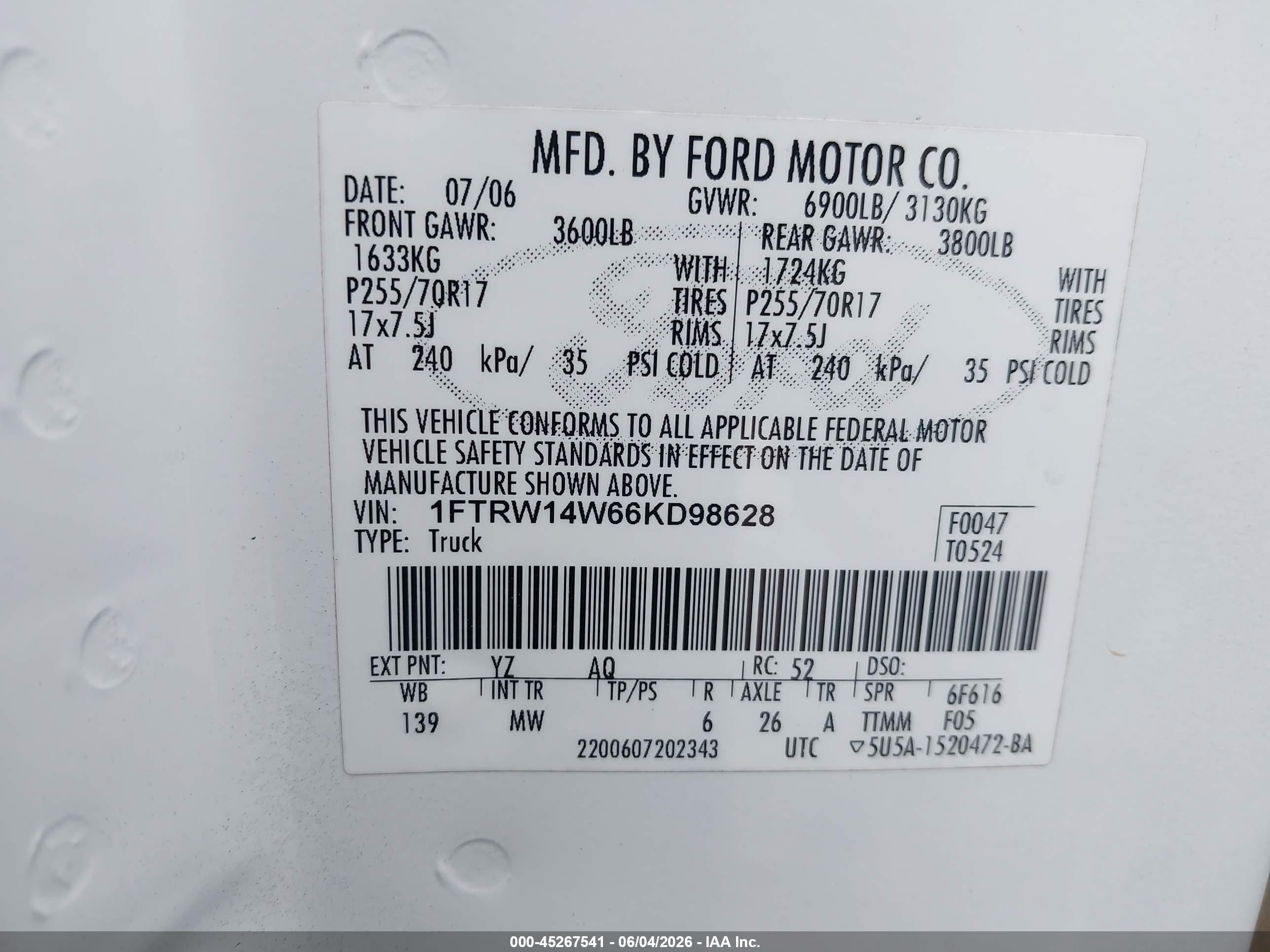 2006 Ford F-150 Xlt White vin: 1FTRW14W66KD98628