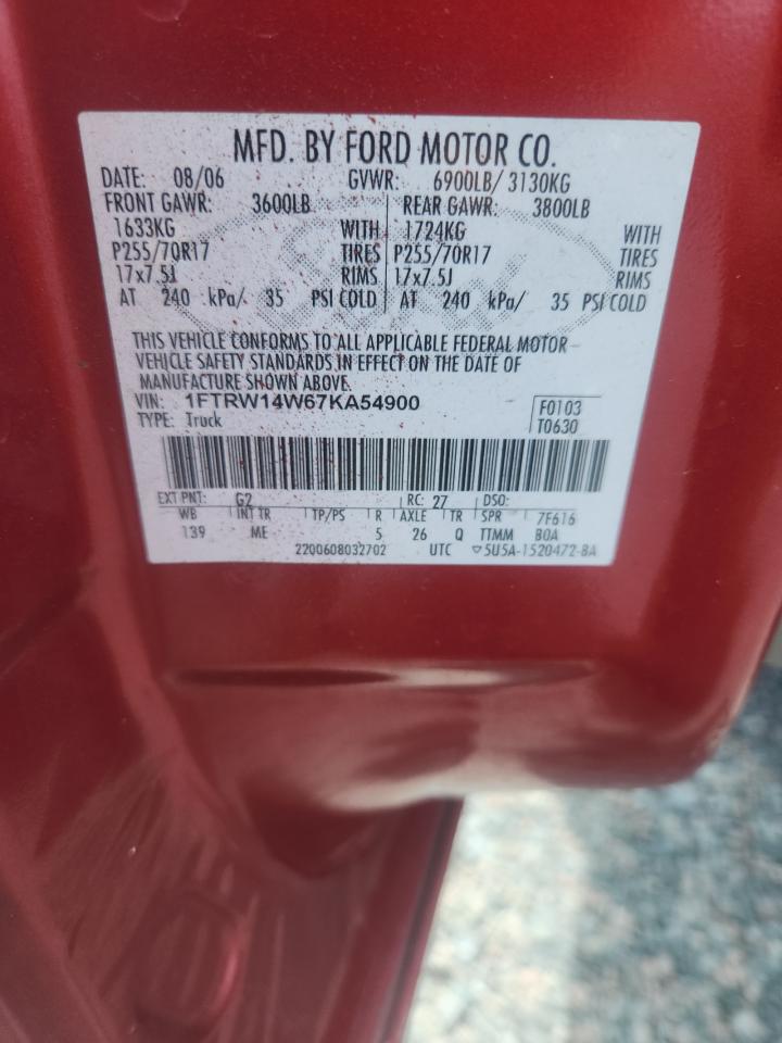 2007 Ford F150 Supercrew Red vin: 1FTRW14W67KA54900