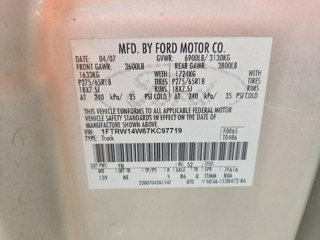 2007 Ford F150 Supercrew Silver vin: 1FTRW14W67KC97719