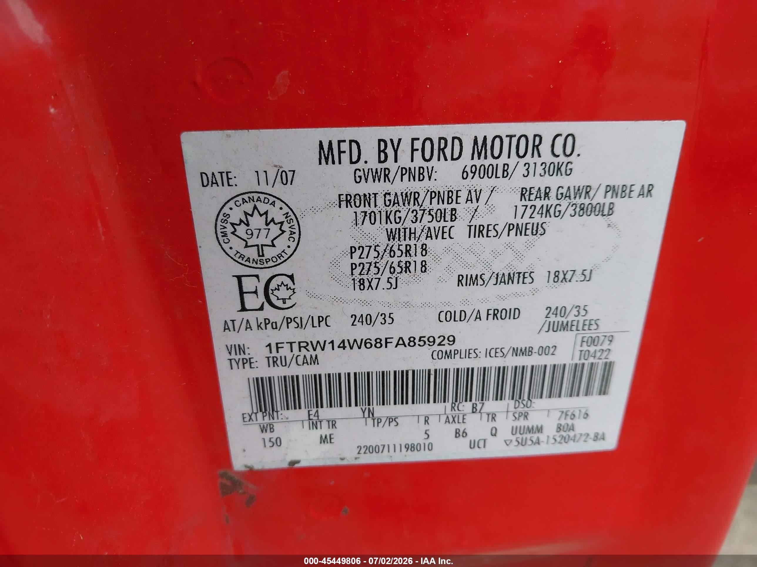 2008 Ford F-150 Xlt Red vin: 1FTRW14W68FA85929