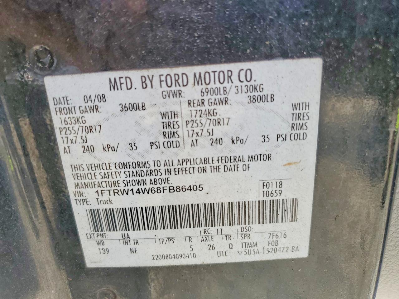 2008 Ford F150 Supercrew Black vin: 1FTRW14W68FB86405