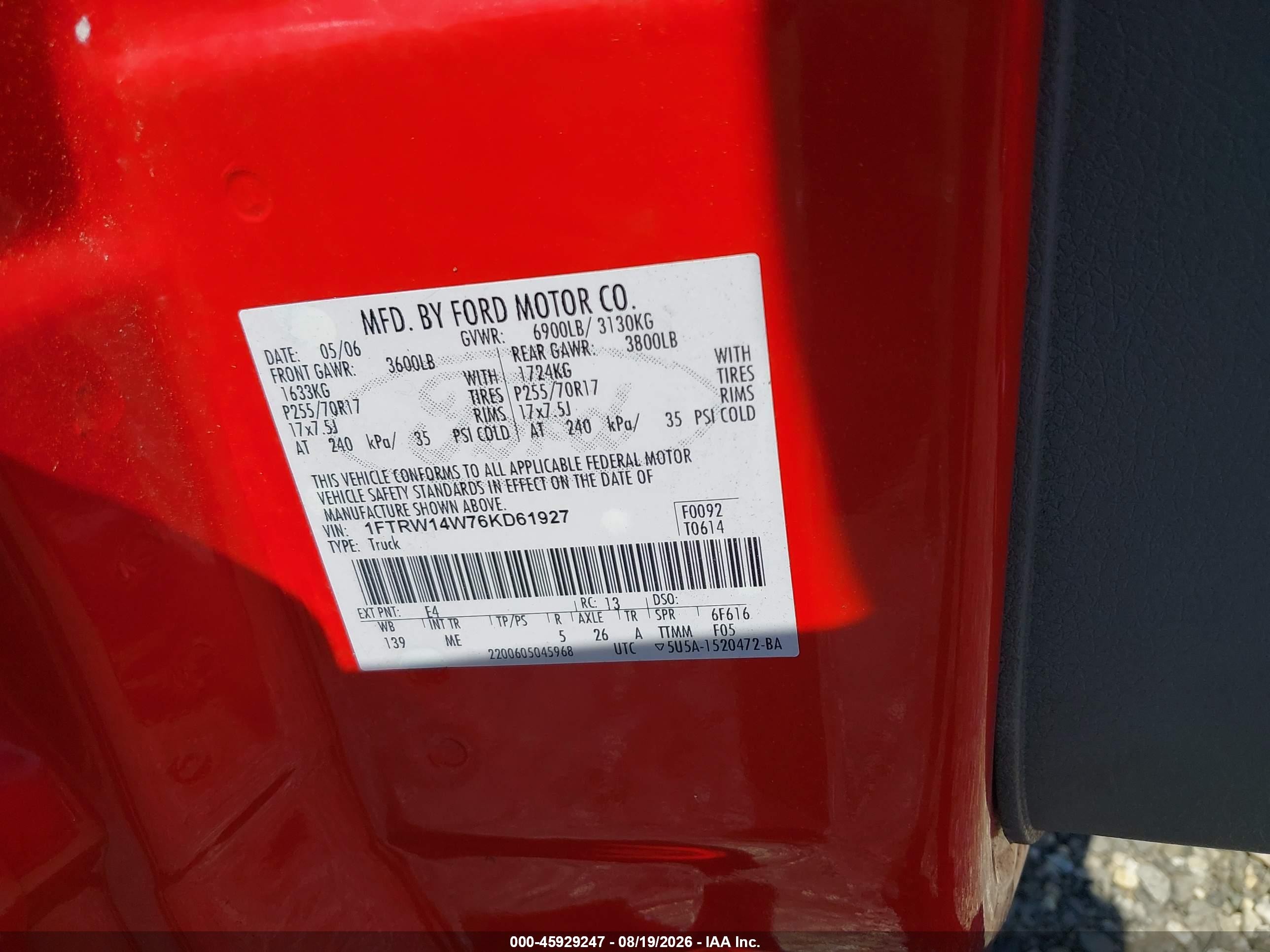 2006 Ford F-150 Xlt Red vin: 1FTRW14W76KD61927