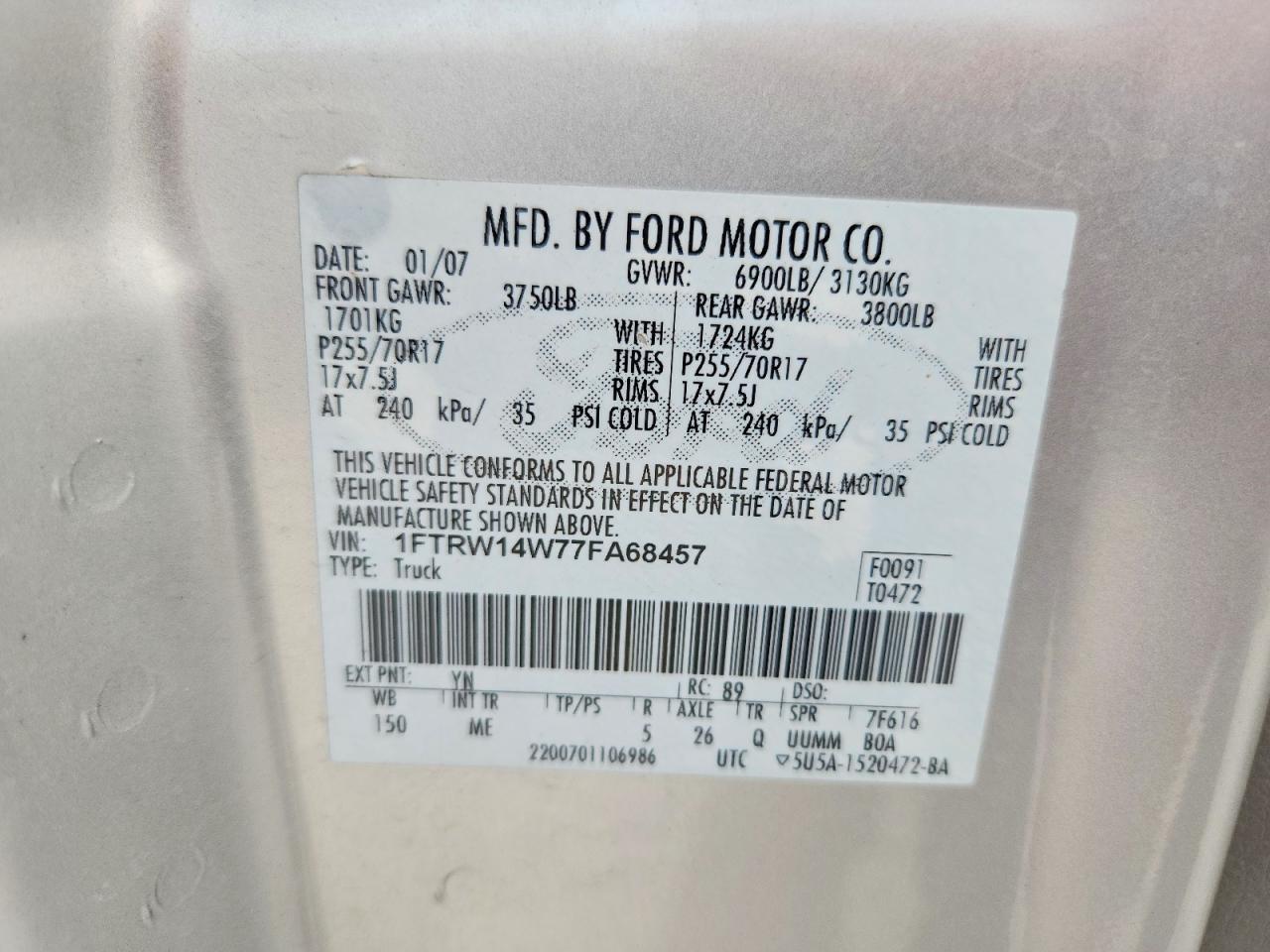 2007 Ford F150 Supercrew Silver vin: 1FTRW14W77FA68457