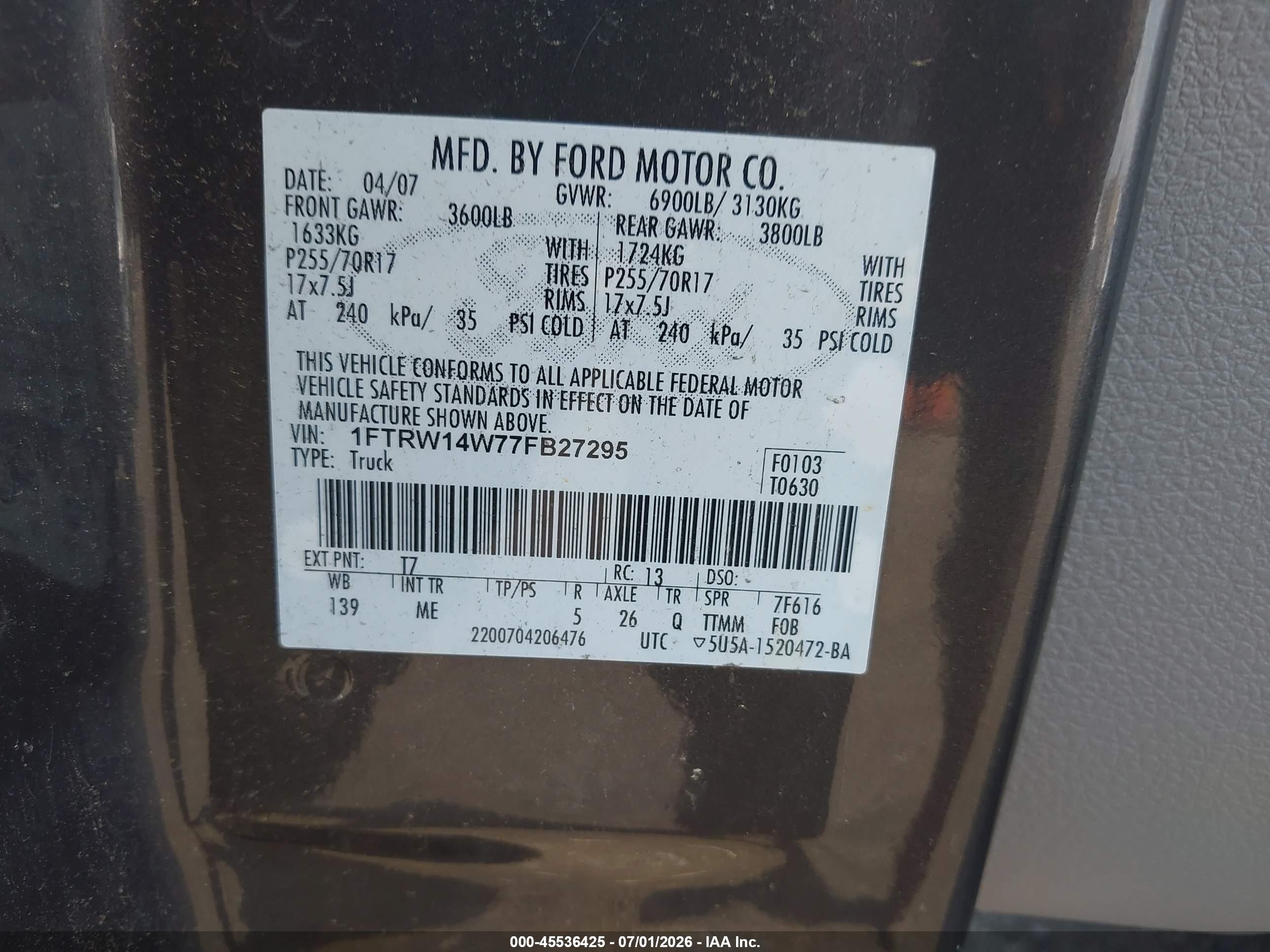 2007 Ford F-150 Xlt Gray vin: 1FTRW14W77FB27295