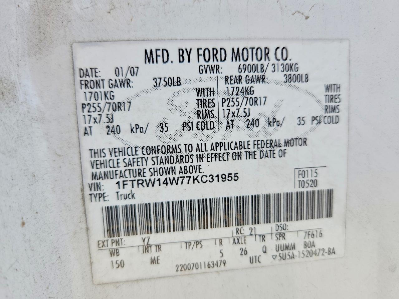 2007 Ford F150 Supercrew White vin: 1FTRW14W77KC31955