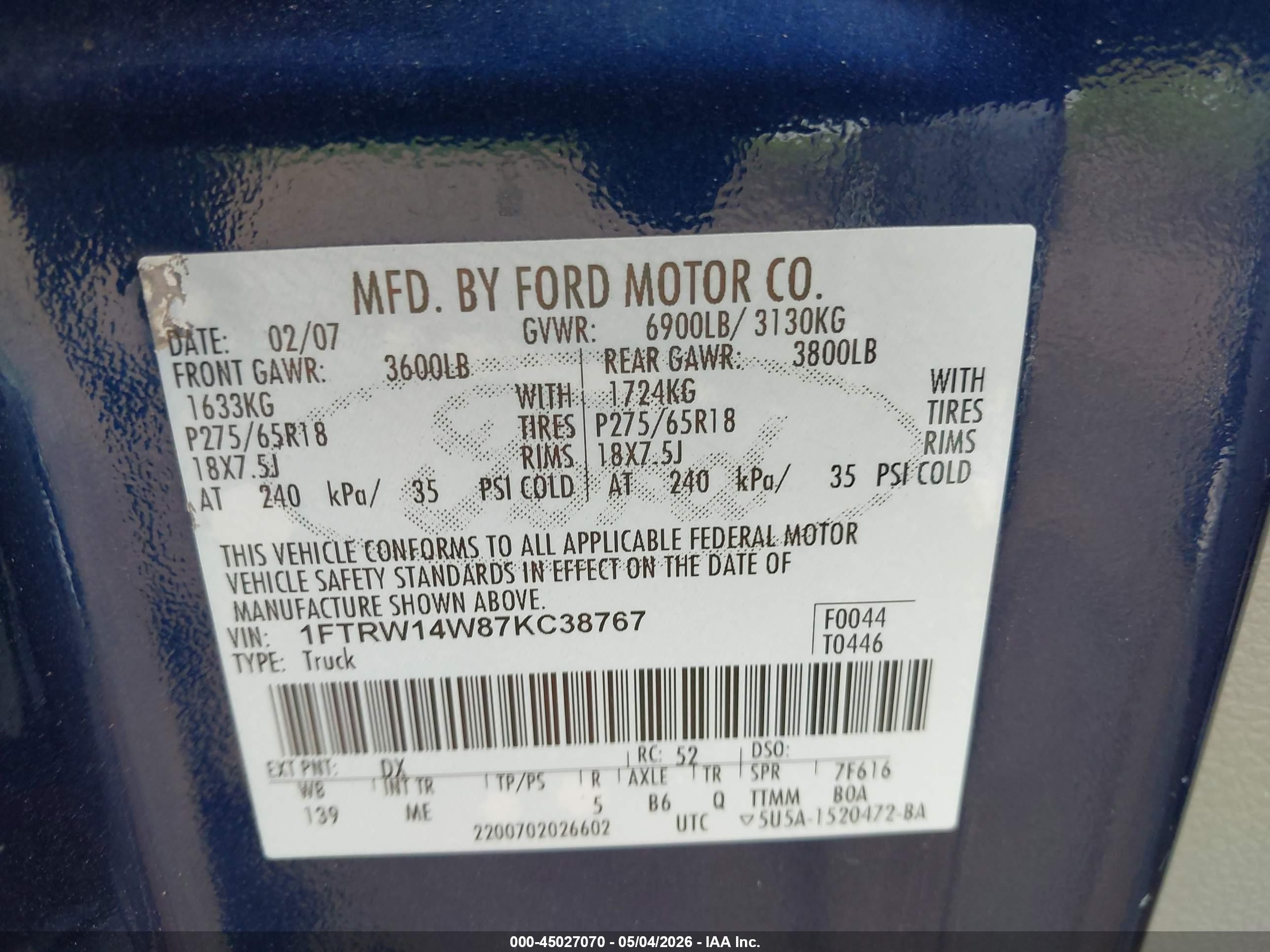 2007 Ford F-150 Xlt Blue vin: 1FTRW14W87KC38767
