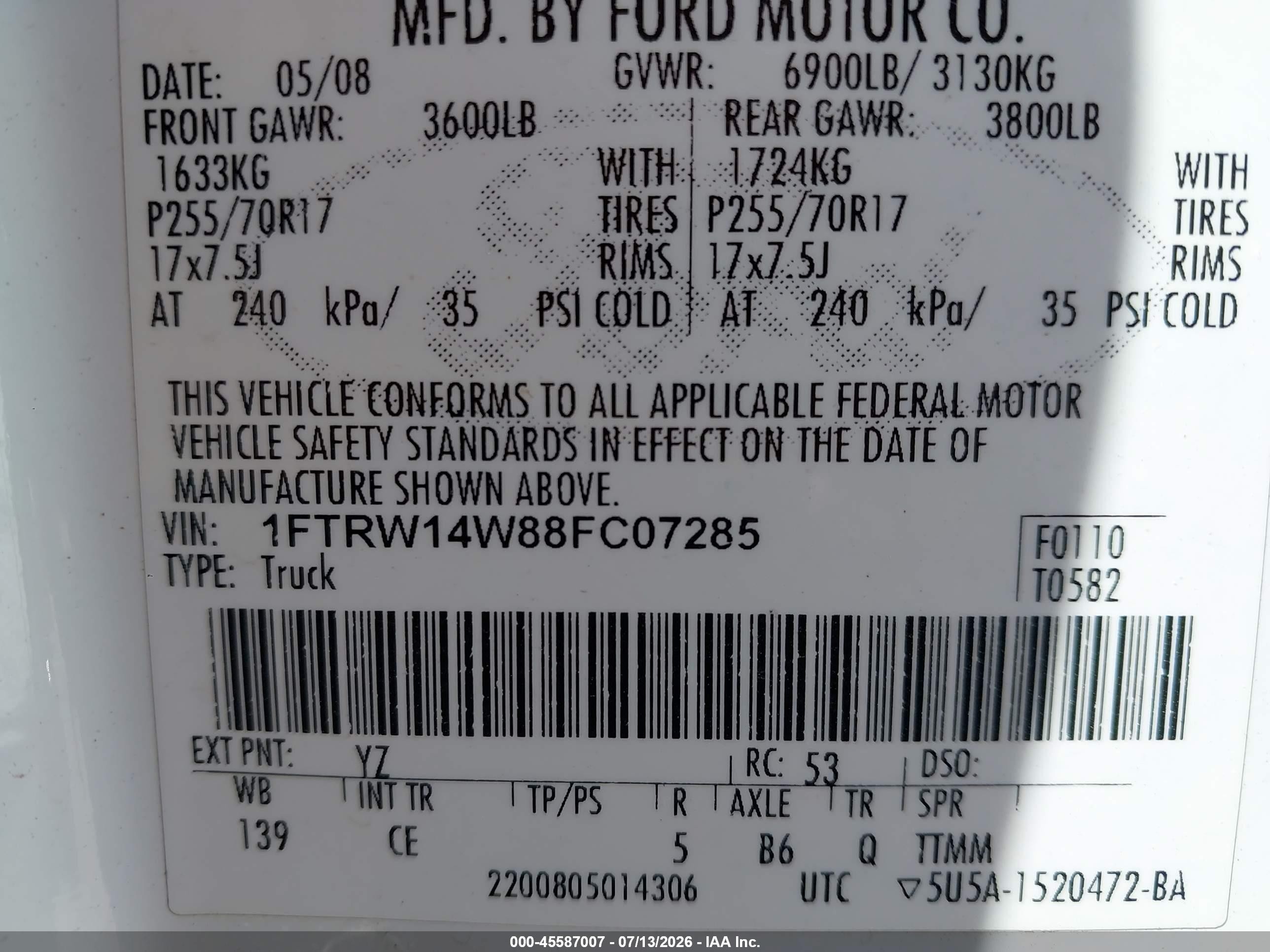 2008 Ford F-150 60th Anniversary/xl/xlt White vin: 1FTRW14W88FC07285