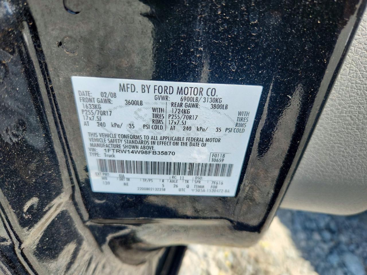 2008 Ford F150 Supercrew Black vin: 1FTRW14W98FB35870