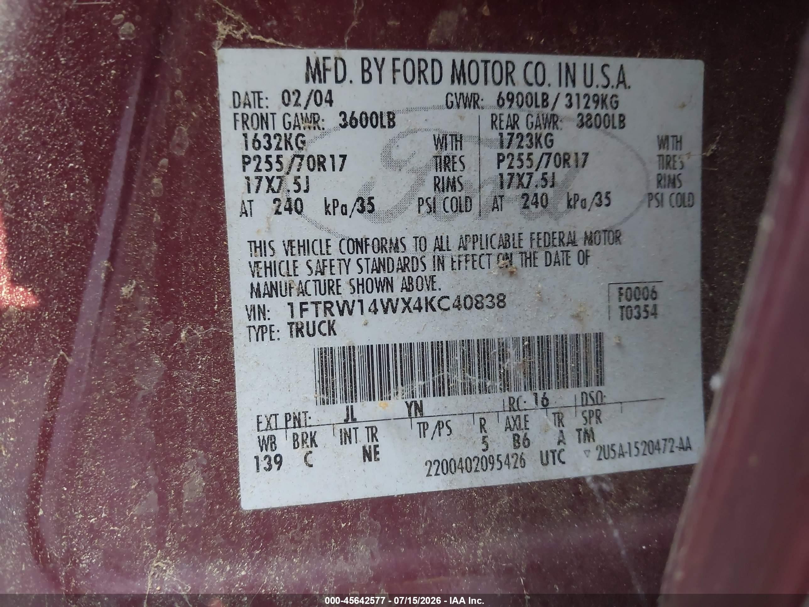 2004 Ford F-150 Xlt Maroon vin: 1FTRW14WX4KC40838