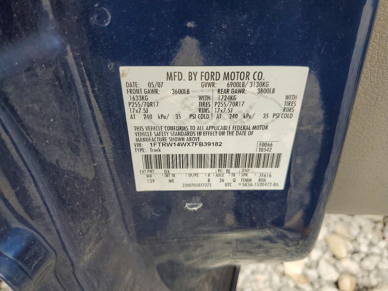 2007 Ford F150 Supercrew Blue vin: 1FTRW14WX7FB39182