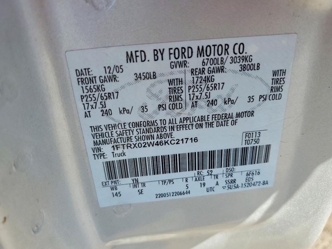 2006 Ford F150 Gray vin: 1FTRX02W46KC21716