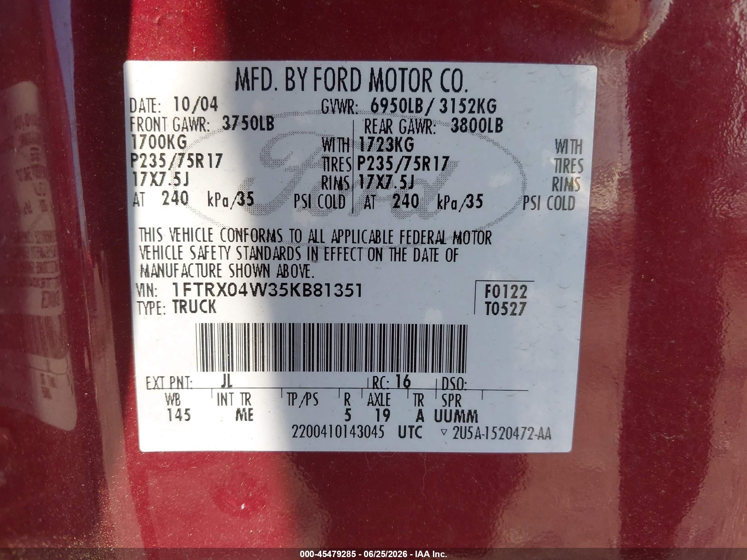 2005 Ford F-150 Stx/xlt Maroon vin: 1FTRX04W35KB81351