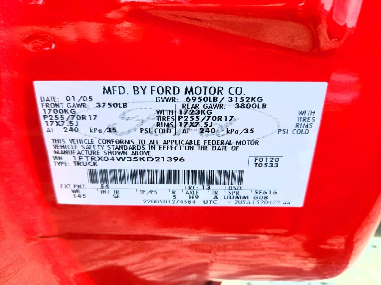 2005 Ford F150 Red vin: 1FTRX04W35KD21396