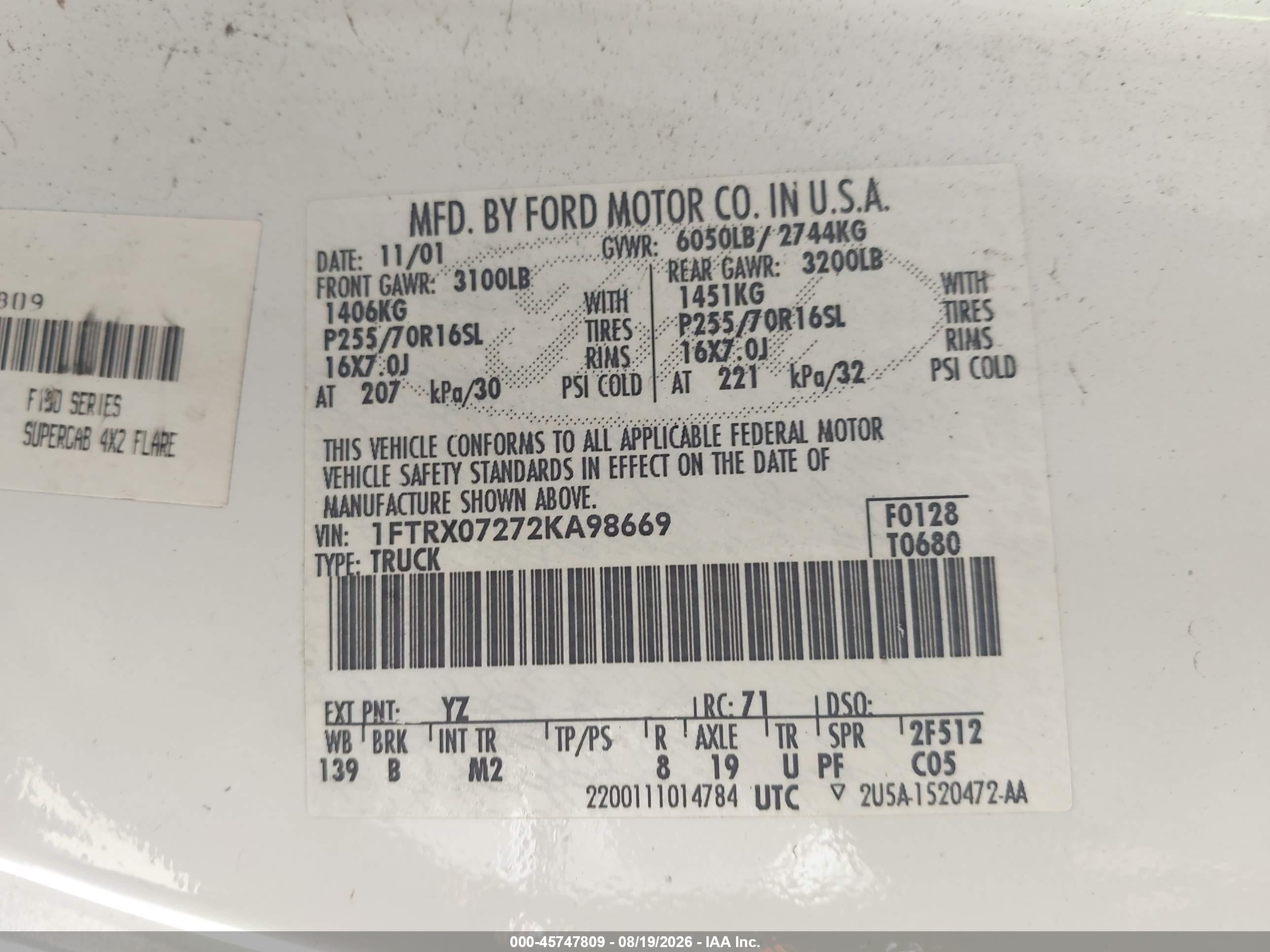 2002 Ford F-150 Xl/xlt White vin: 1FTRX07272KA98669