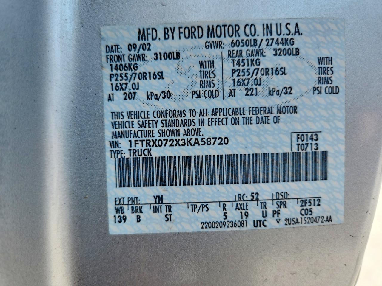 2003 Ford F150 Серебряный vin: 1FTRX072X3KA58720