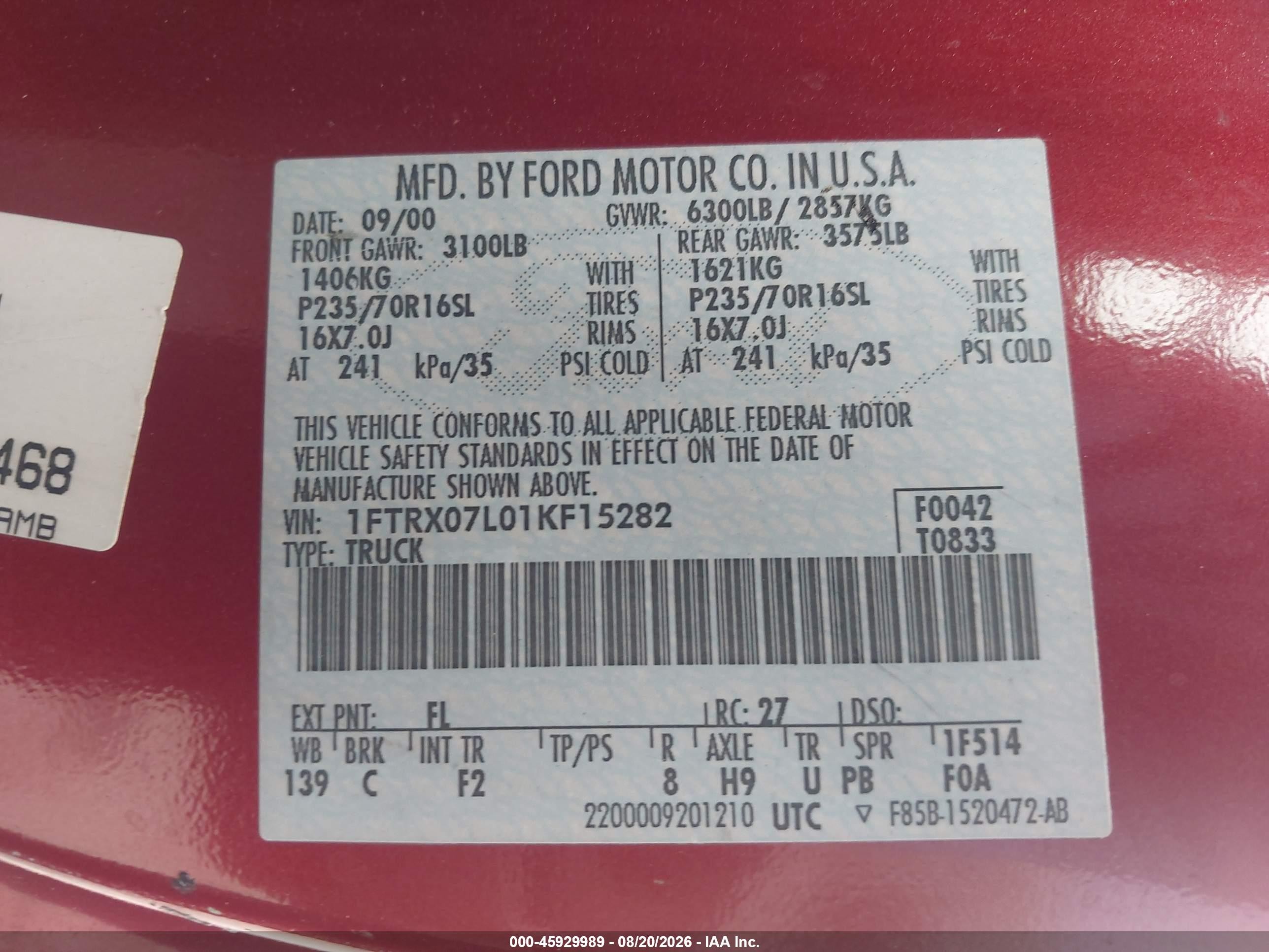 2001 Ford F-150 Lariat/xl/xlt Red vin: 1FTRX07L01KF15282