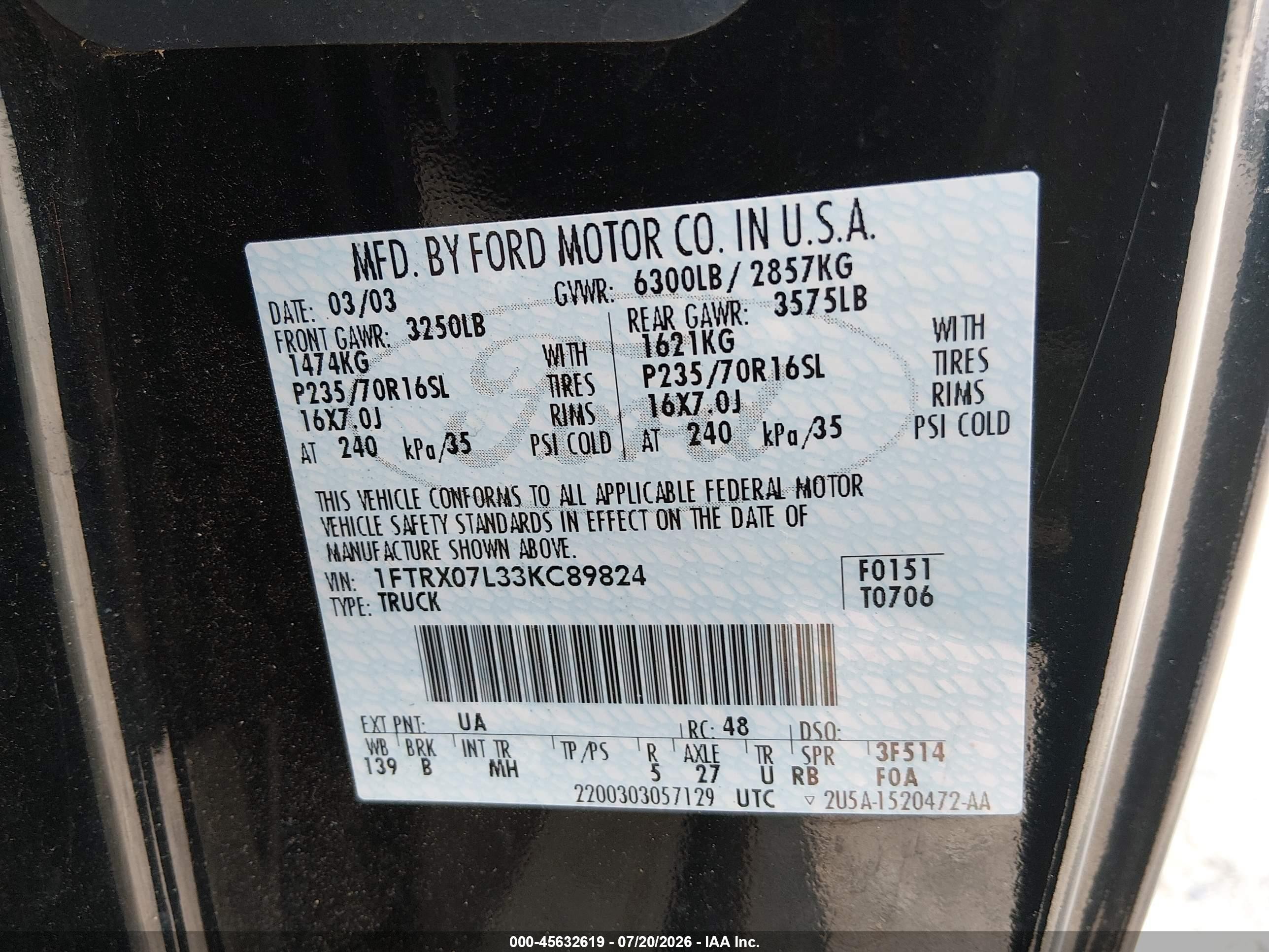2003 Ford F-150 Lariat/xl/xlt Черный vin: 1FTRX07L33KC89824