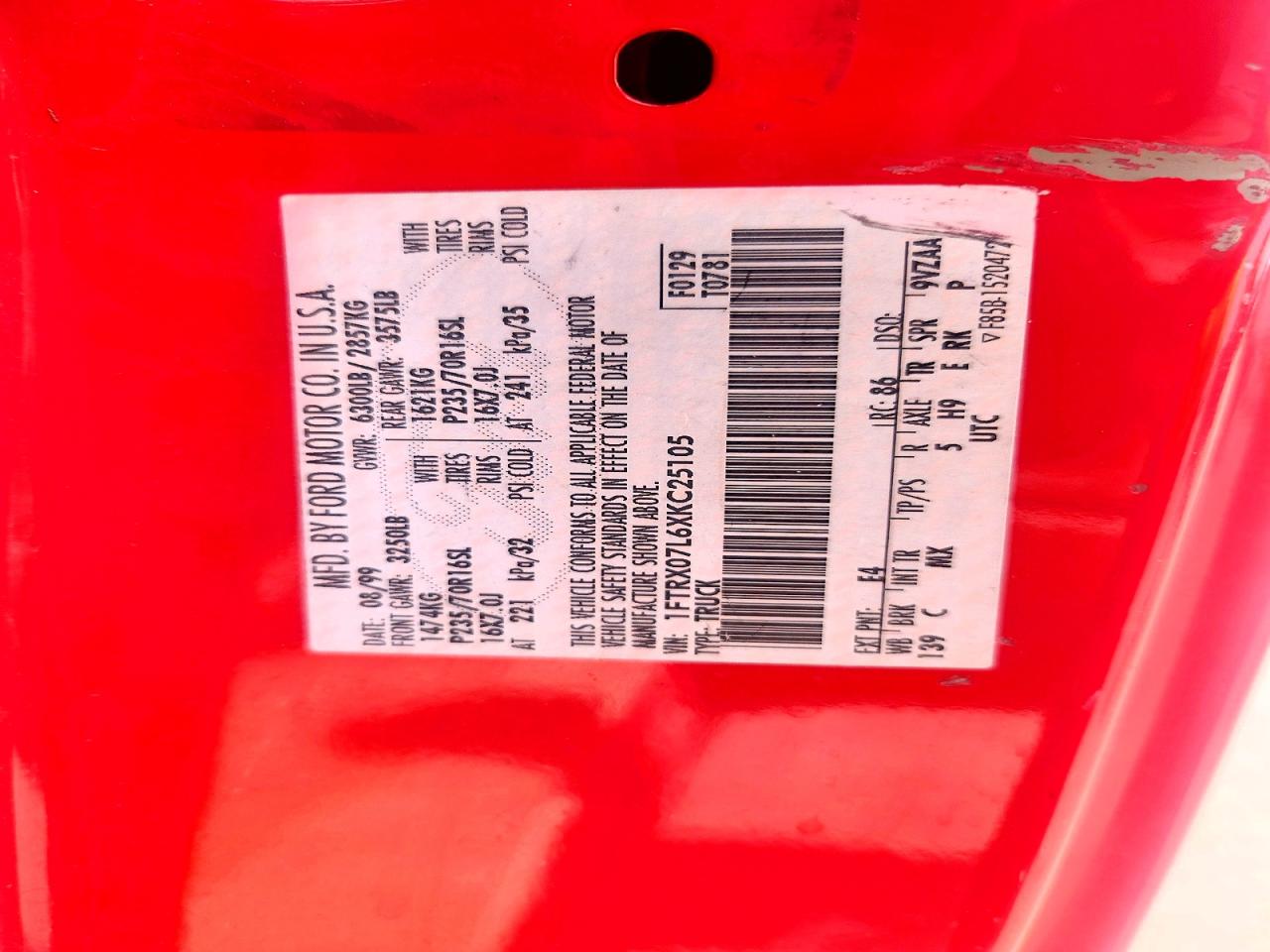 1999 Ford F150 Red vin: 1FTRX07L6XKC25105