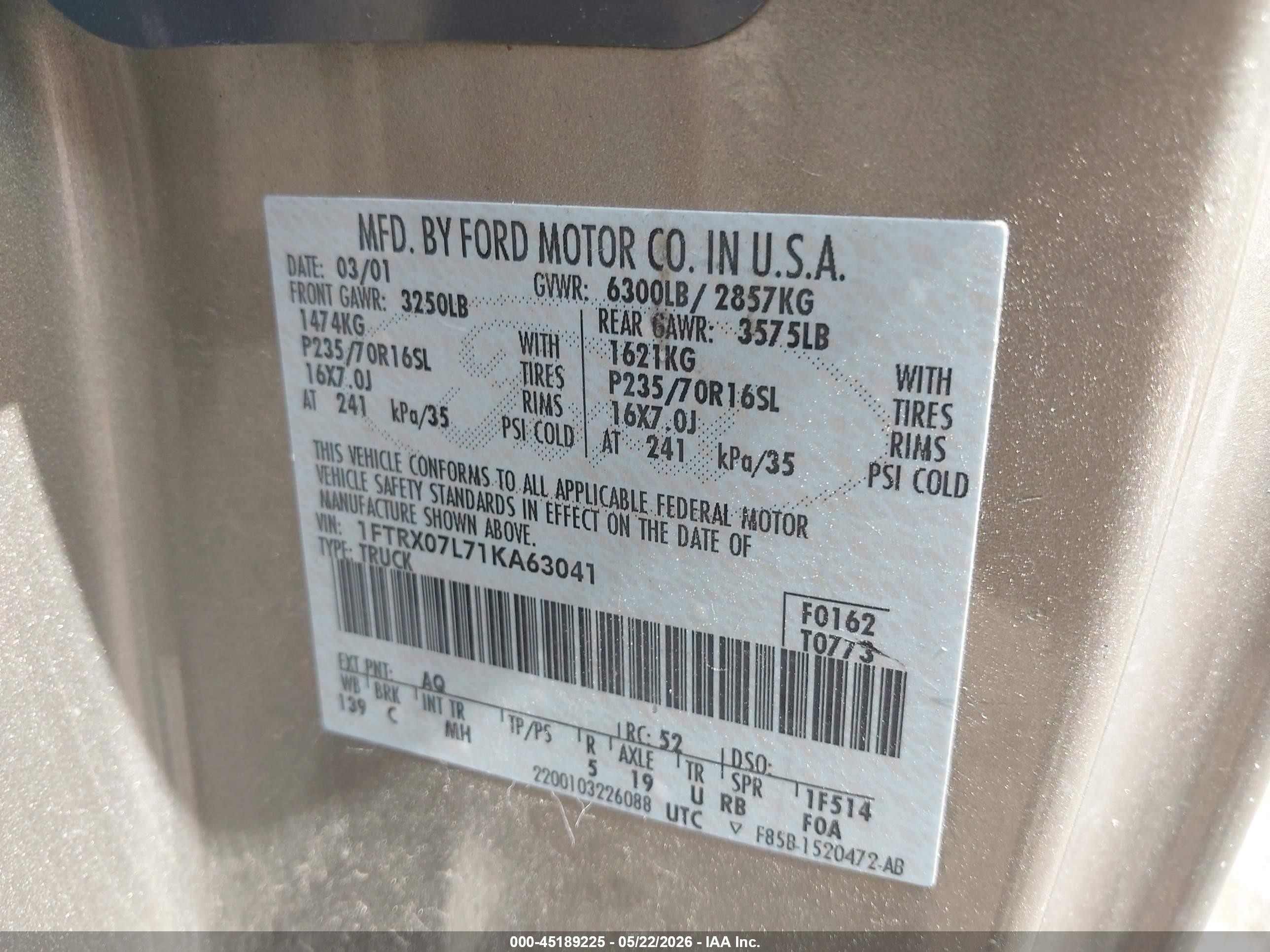 2001 Ford F-150 Lariat/xl/xlt Brown vin: 1FTRX07L71KA63041
