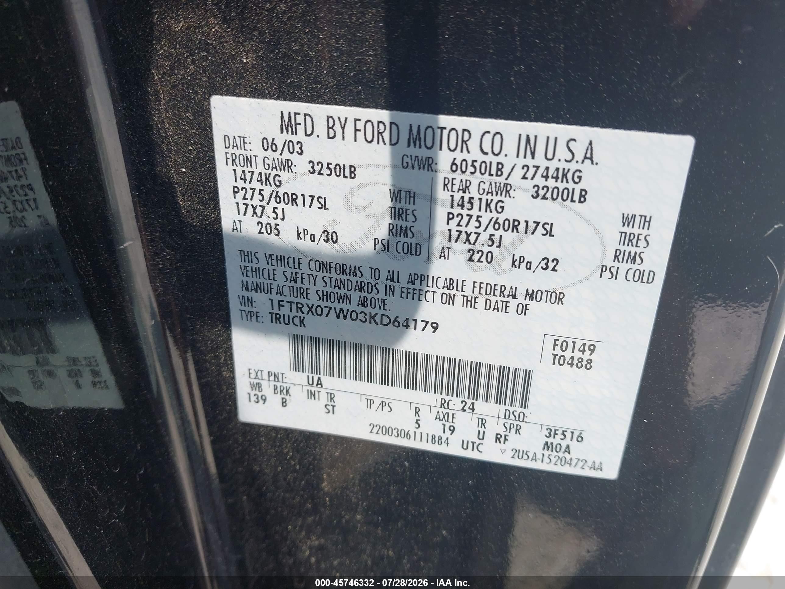 2003 Ford F-150 Lariat/xl/xlt Black vin: 1FTRX07W03KD64179