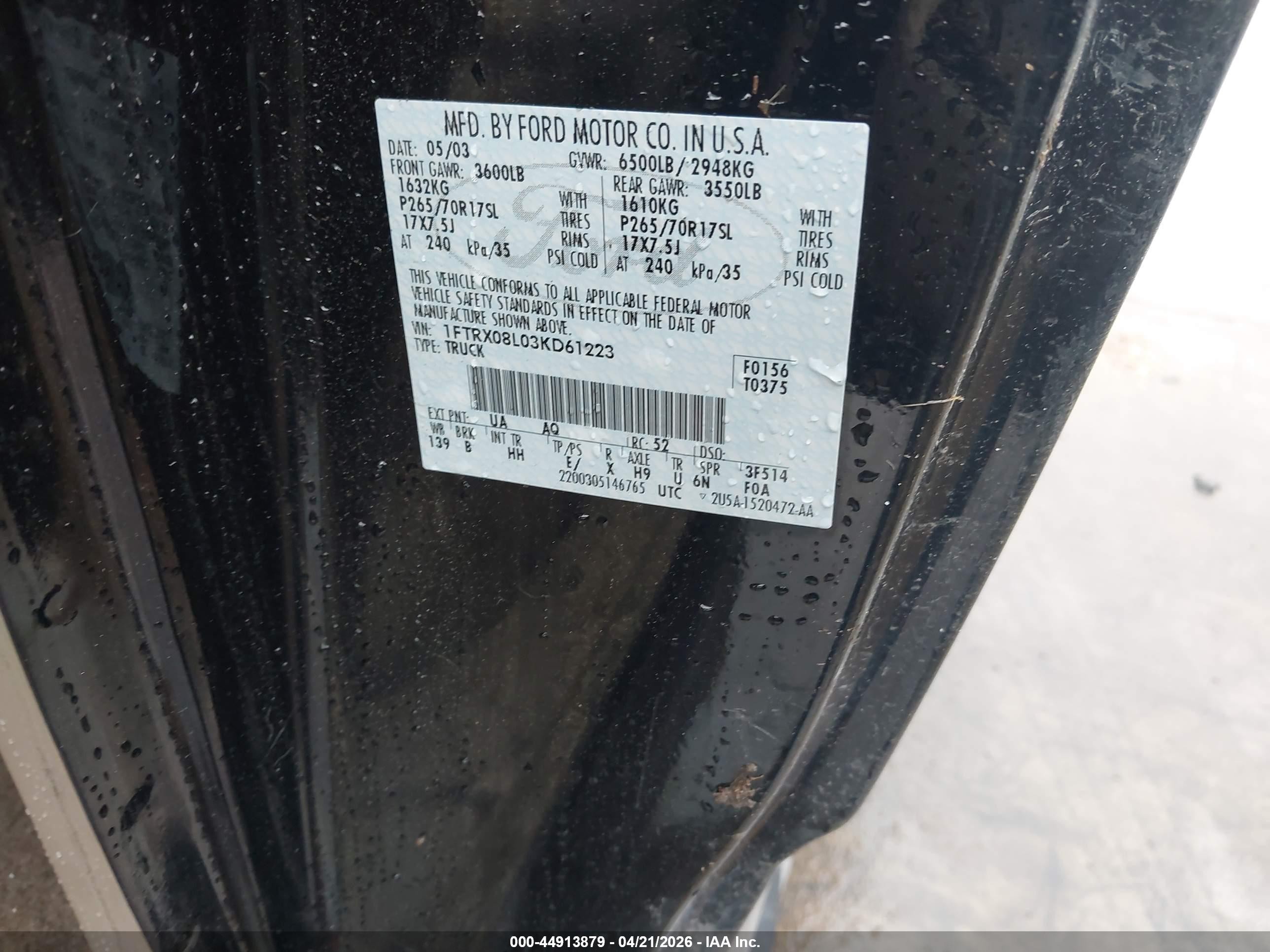 2003 Ford F-150 Lariat/xl/xlt Black vin: 1FTRX08L03KD61223