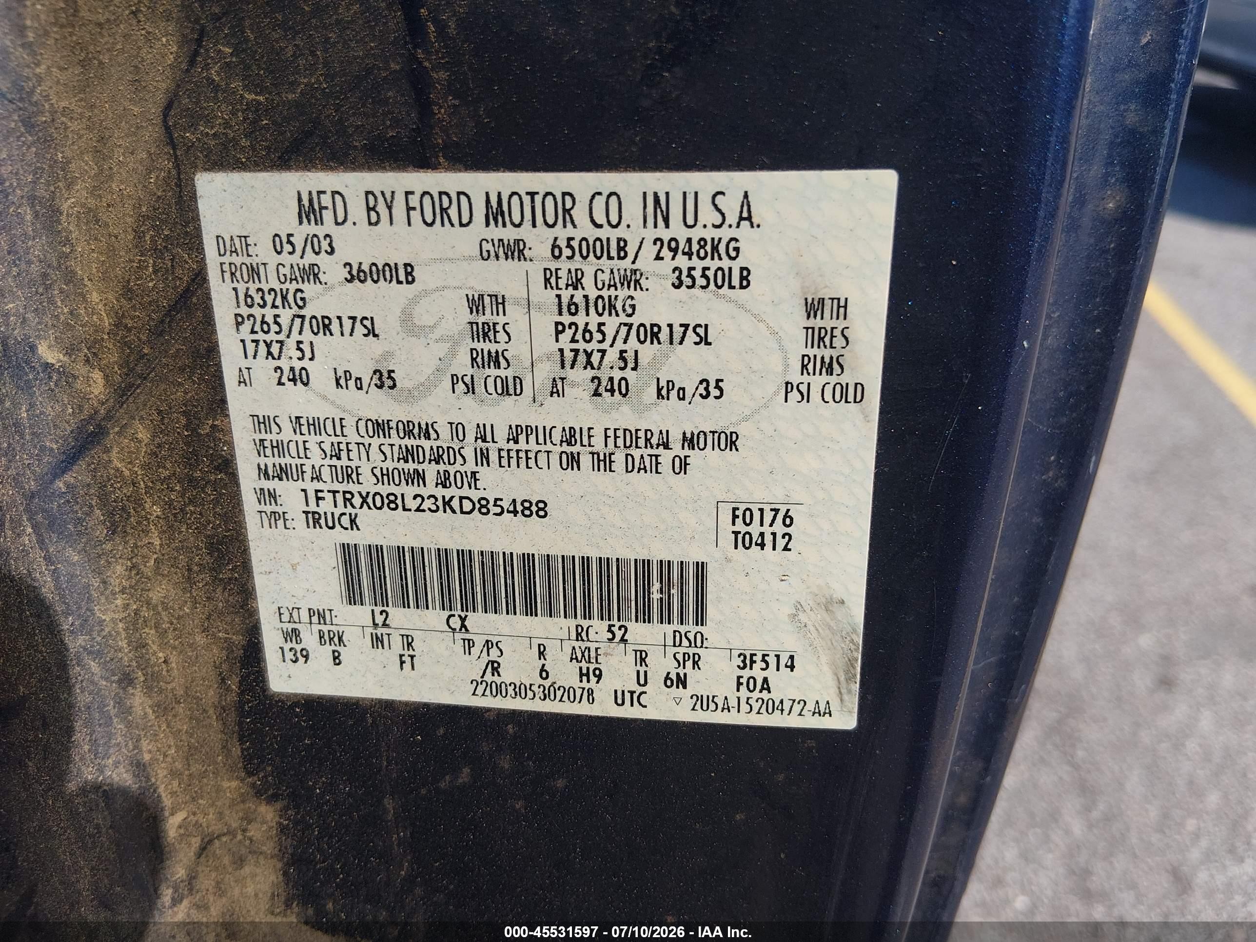 2003 Ford F150   Blue vin: 1FTRX08L23KD85488
