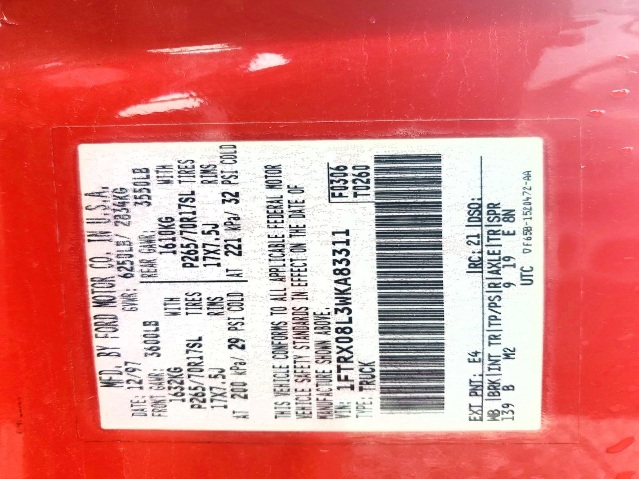 1998 Ford F150 Red vin: 1FTRX08L3WKA83311