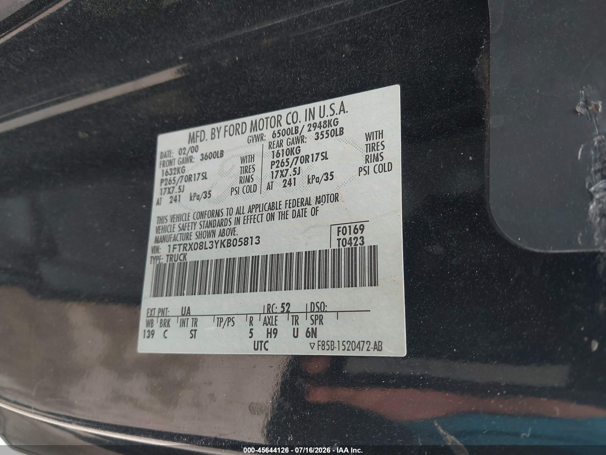 2000 Ford F-150 Lariat/xl/xlt Черный vin: 1FTRX08L3YKB05813