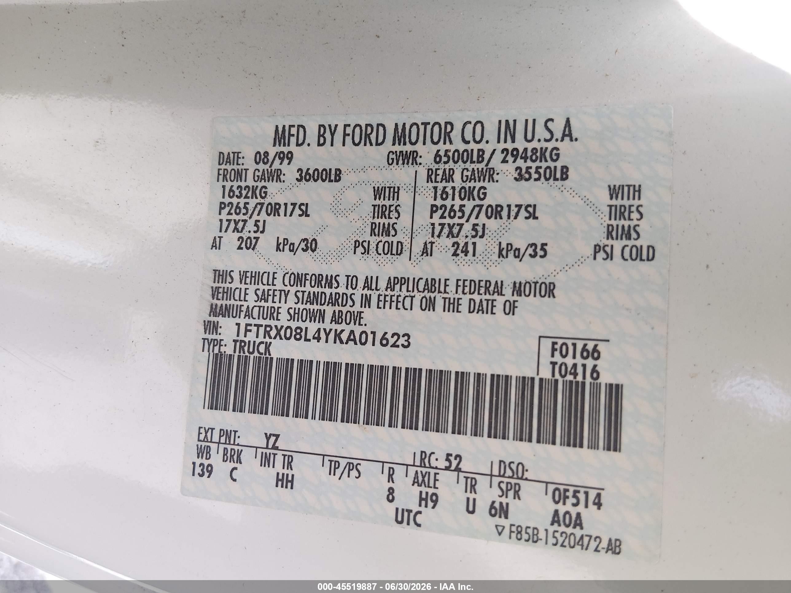 2000 Ford F-150 Lariat/xl/xlt White vin: 1FTRX08L4YKA01623