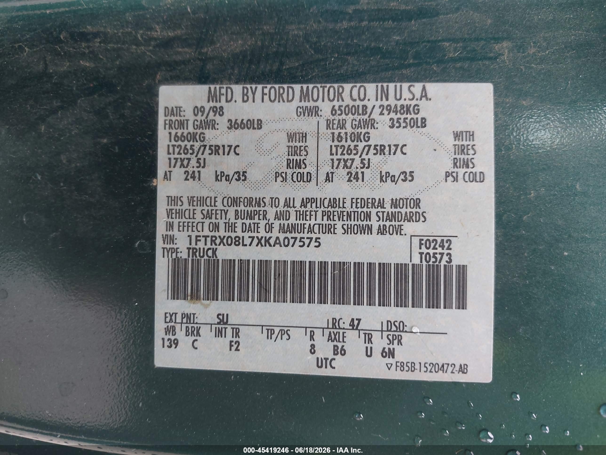 1999 Ford F-150 Lariat/xl/xlt Зеленый vin: 1FTRX08L7XKA07575
