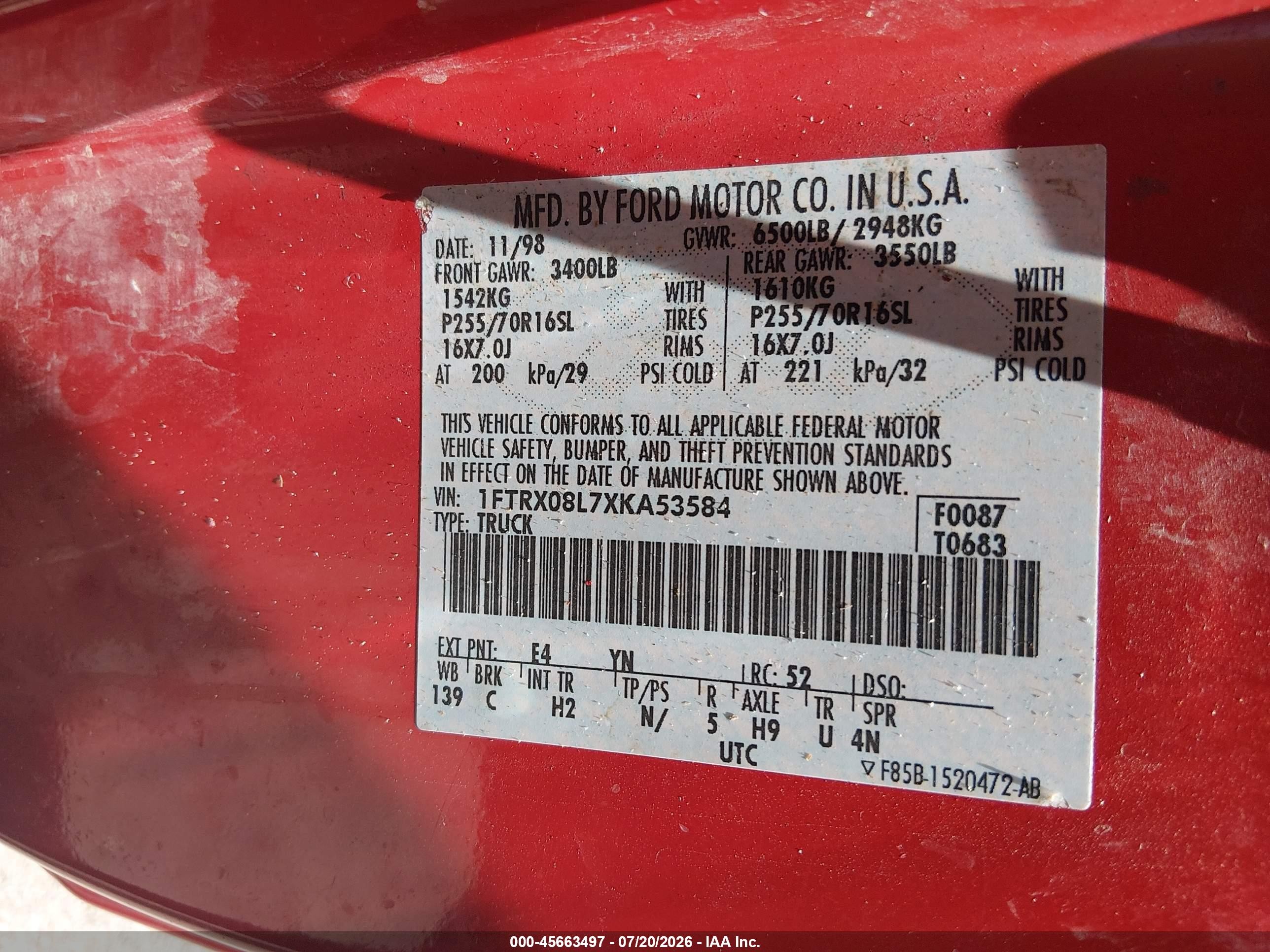 1999 Ford F-150 Lariat/xl/xlt Red vin: 1FTRX08L7XKA53584