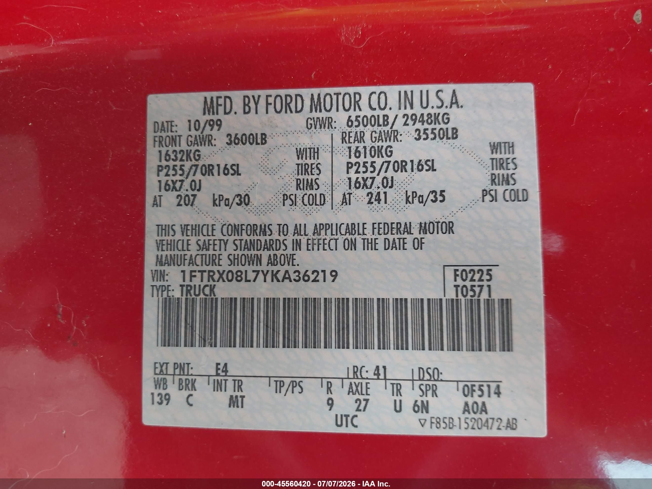 2000 Ford F-150 Lariat/xl/xlt Red vin: 1FTRX08L7YKA36219