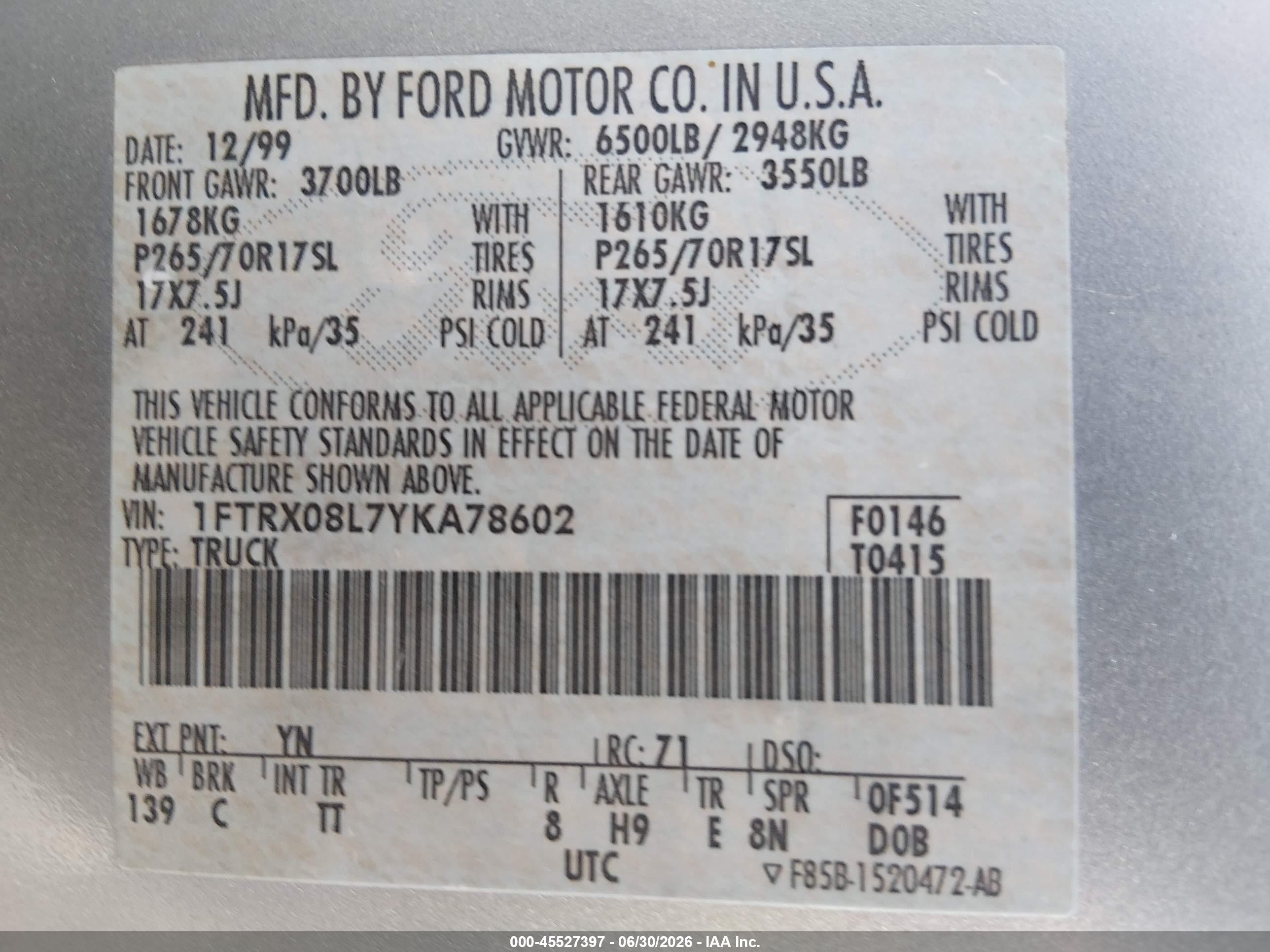 2000 Ford F-150 Lariat/xl/xlt Silver vin: 1FTRX08L7YKA78602