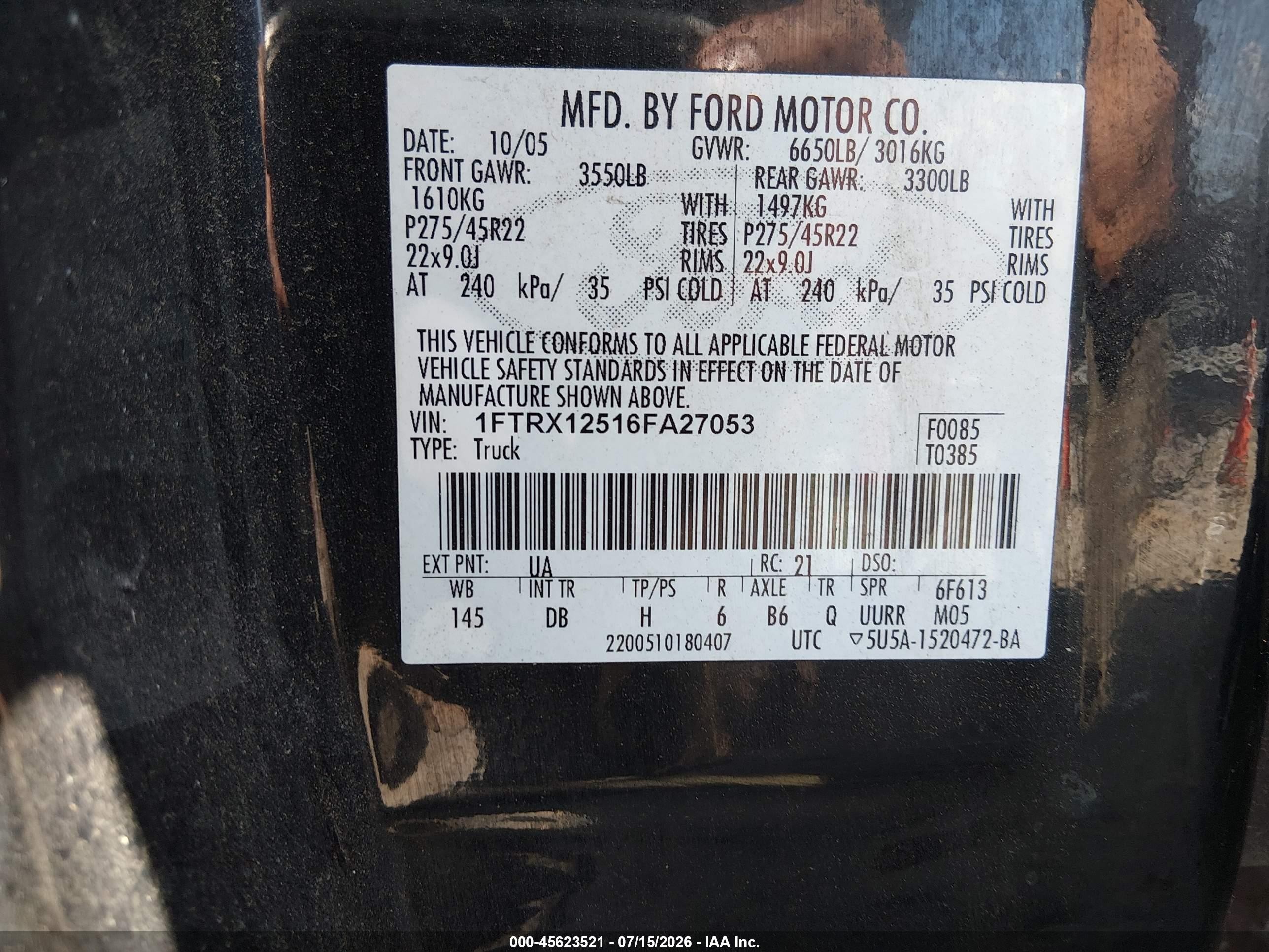 2006 Ford F-150 Lariat/xl/xlt Черный vin: 1FTRX12516FA27053