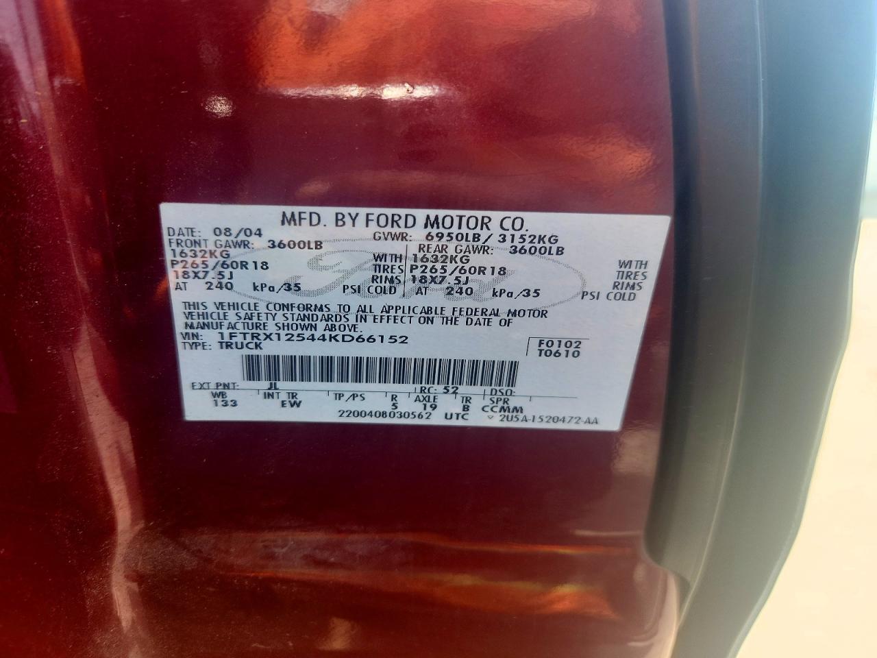 2004 Ford F150 Burgundy vin: 1FTRX12544KD66152