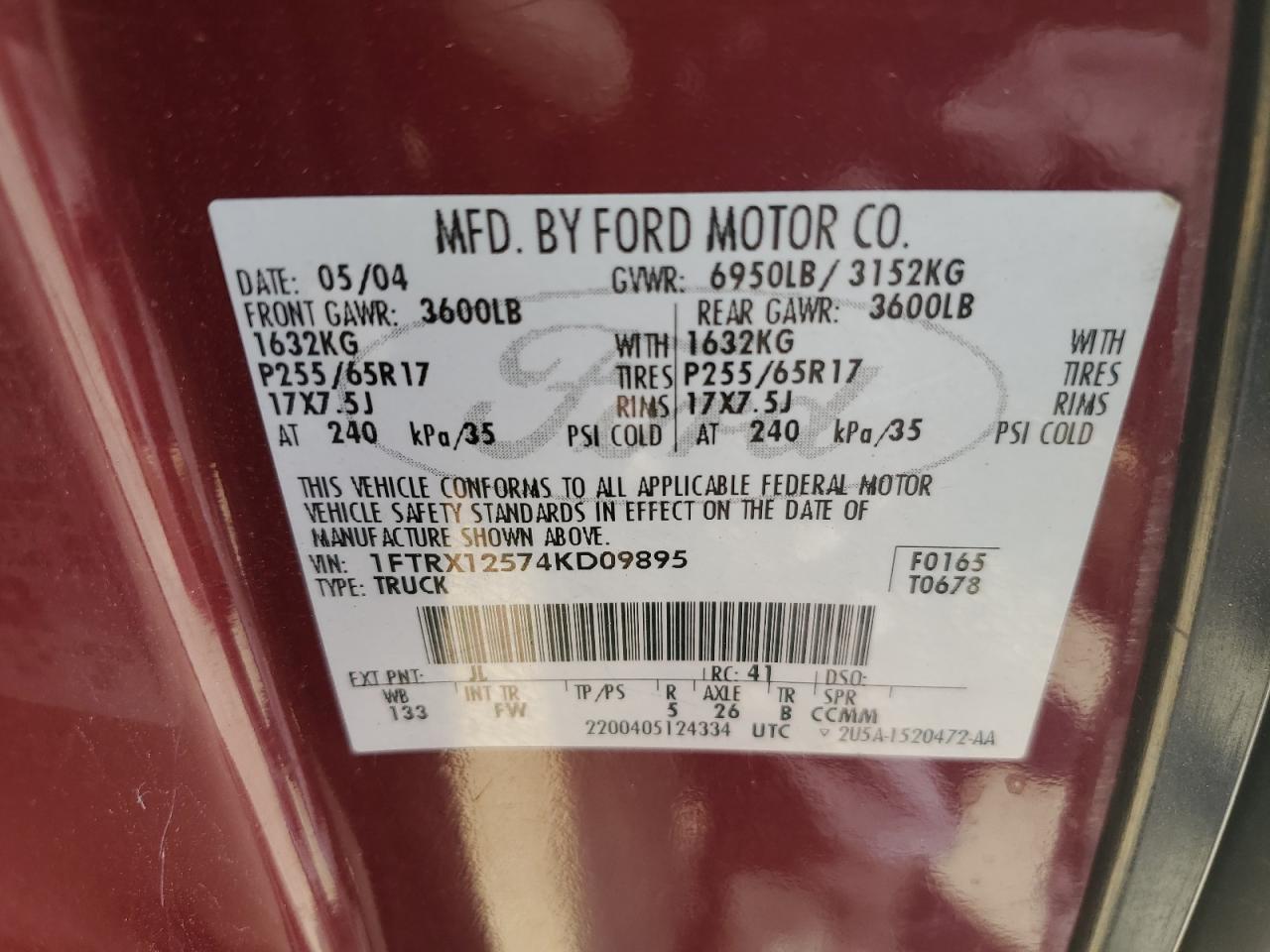 2004 Ford F150 Maroon vin: 1FTRX12574KD09895