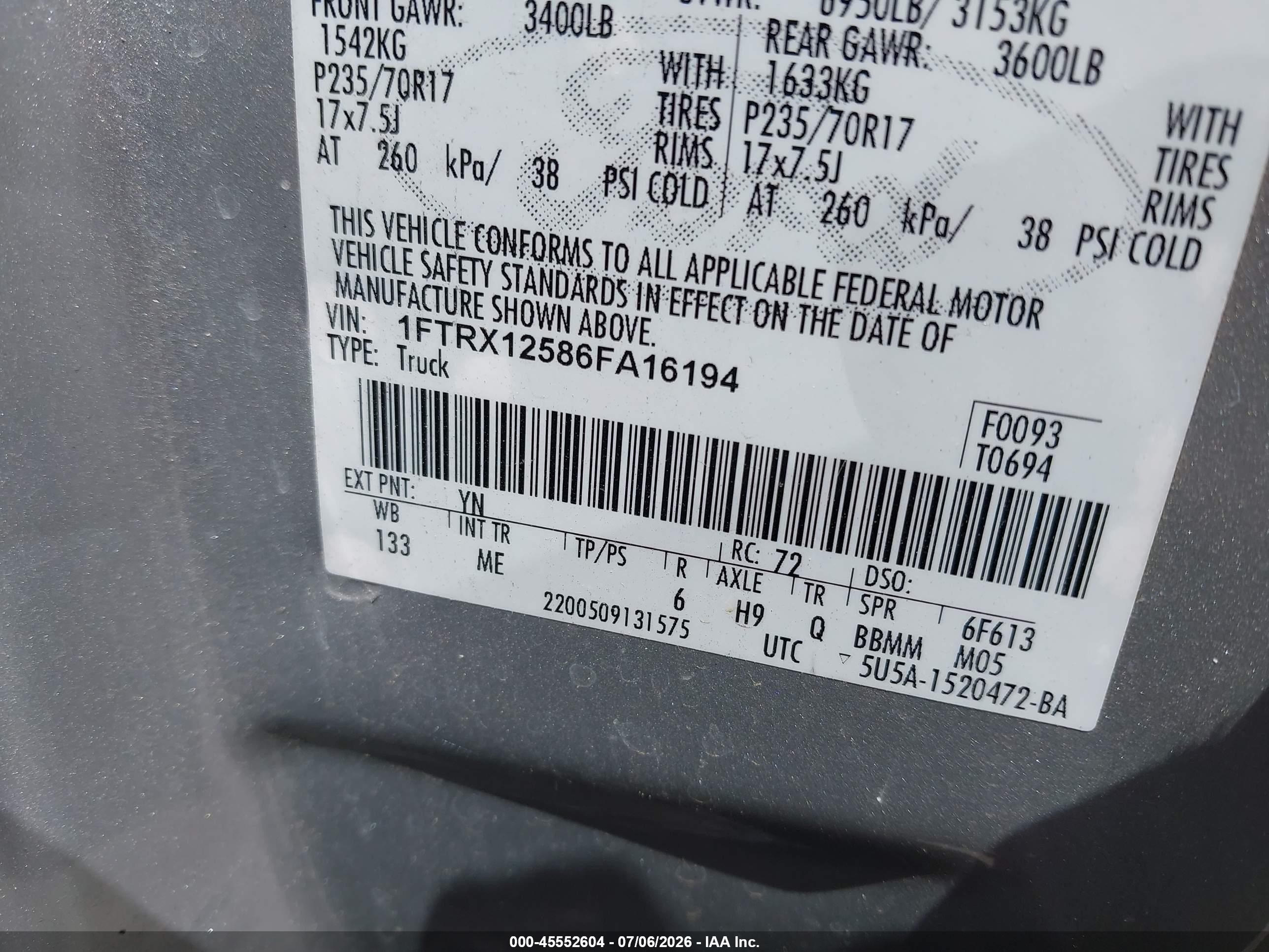 2006 Ford F-150 Lariat/xl/xlt Silver vin: 1FTRX12586FA16194
