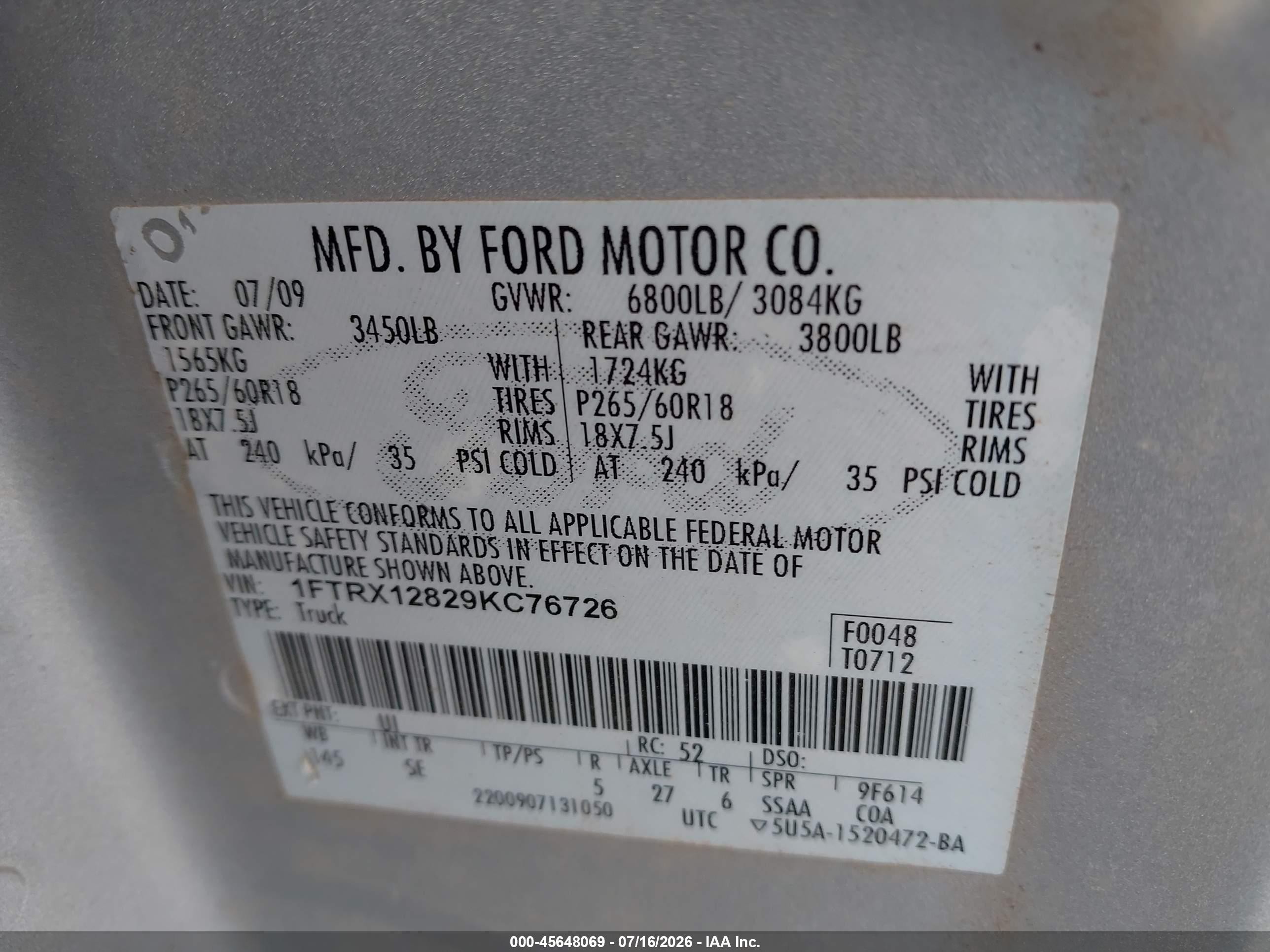 2009 Ford F-150 Stx/xl/xlt Silver vin: 1FTRX12829KC76726